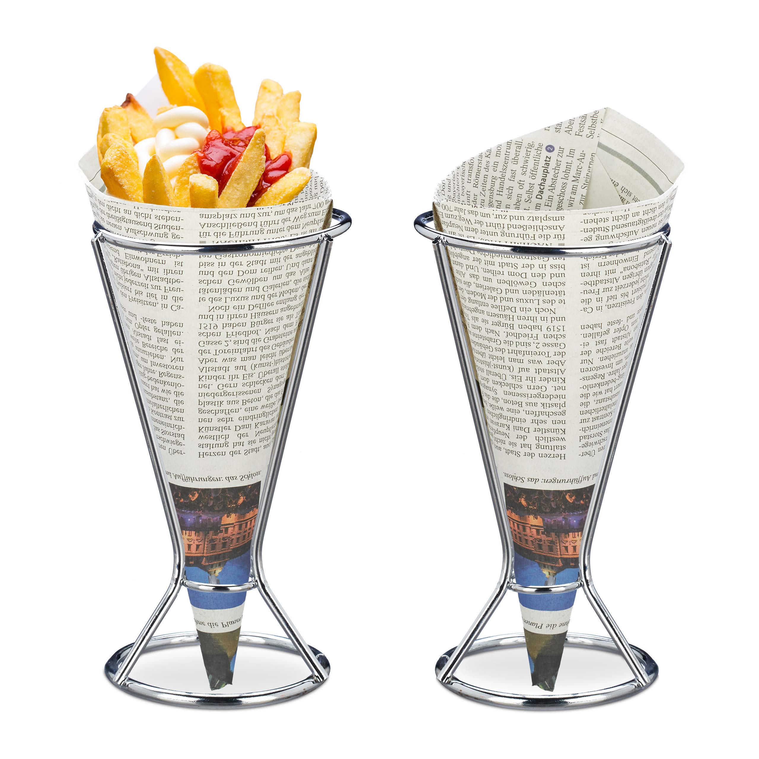 Relaxdays 20x Porta Patatine Fritte, Acciaio Inox, per Coni di Carta con Fritti e Verdure, HD 16 x 9,5 cm, Argento