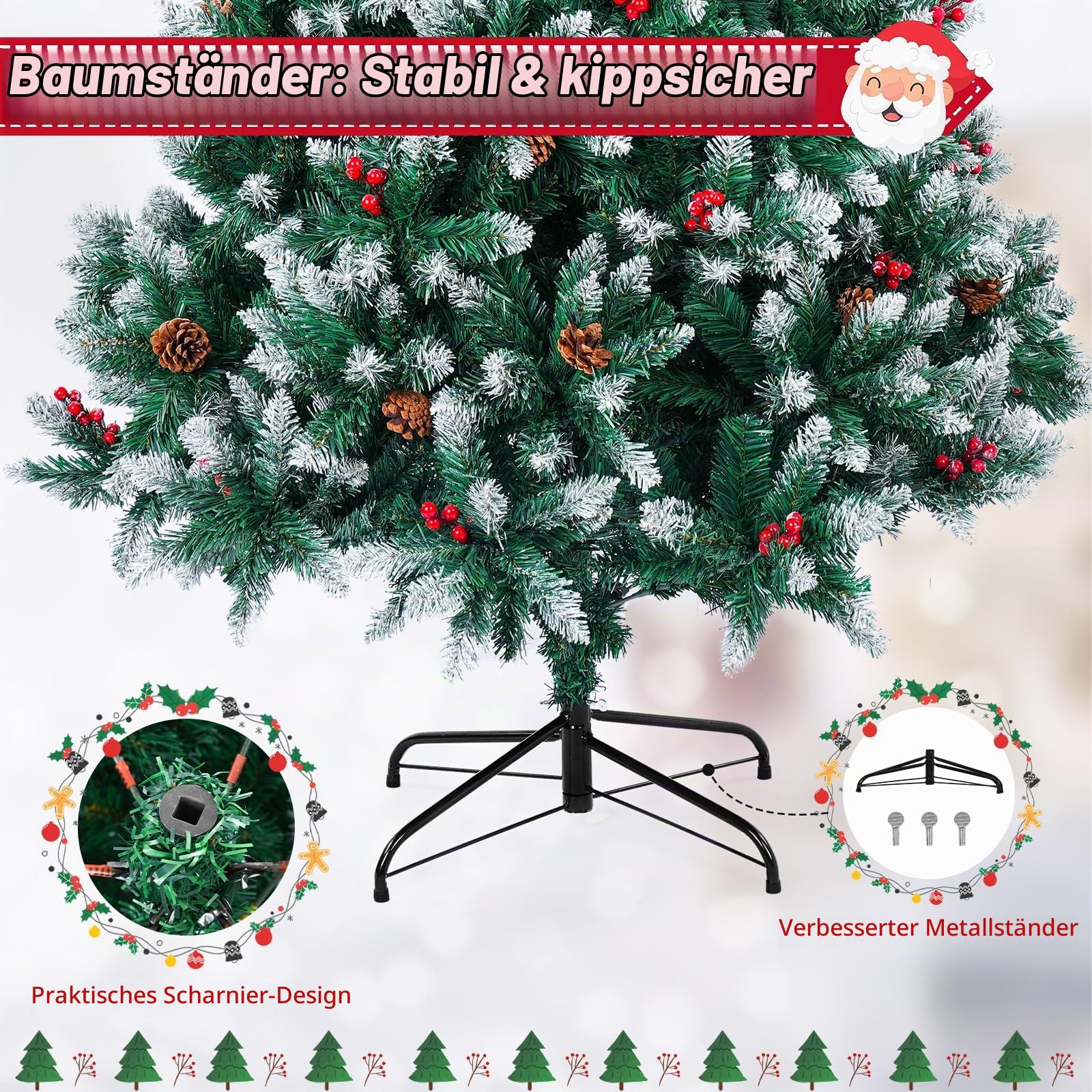 Künstlicher Weihnachtsbaum 180CM,1400 Weiße Äste Einfache Montage, 45CM Eisenständer Inklusive 6 Verschiedene Dekorationen