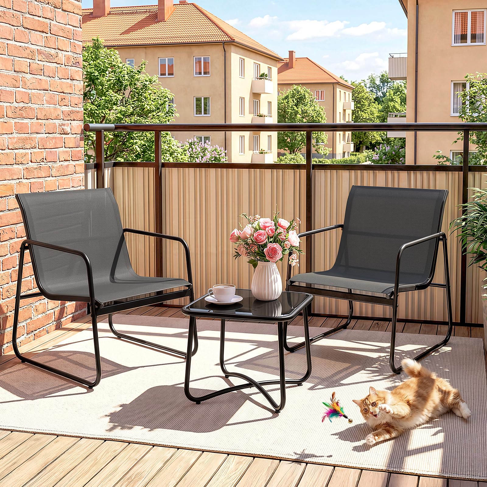 Gartenmöbel Set 3-teilig – Balkonmöbel mit 2 Schaukelstühlen Outdoor und Tisch, Balkonmöbel Set für kleinen Balkon, Outdoor Möbel wetterfest, Textilene Sitzgruppe für Terrasse & Garten