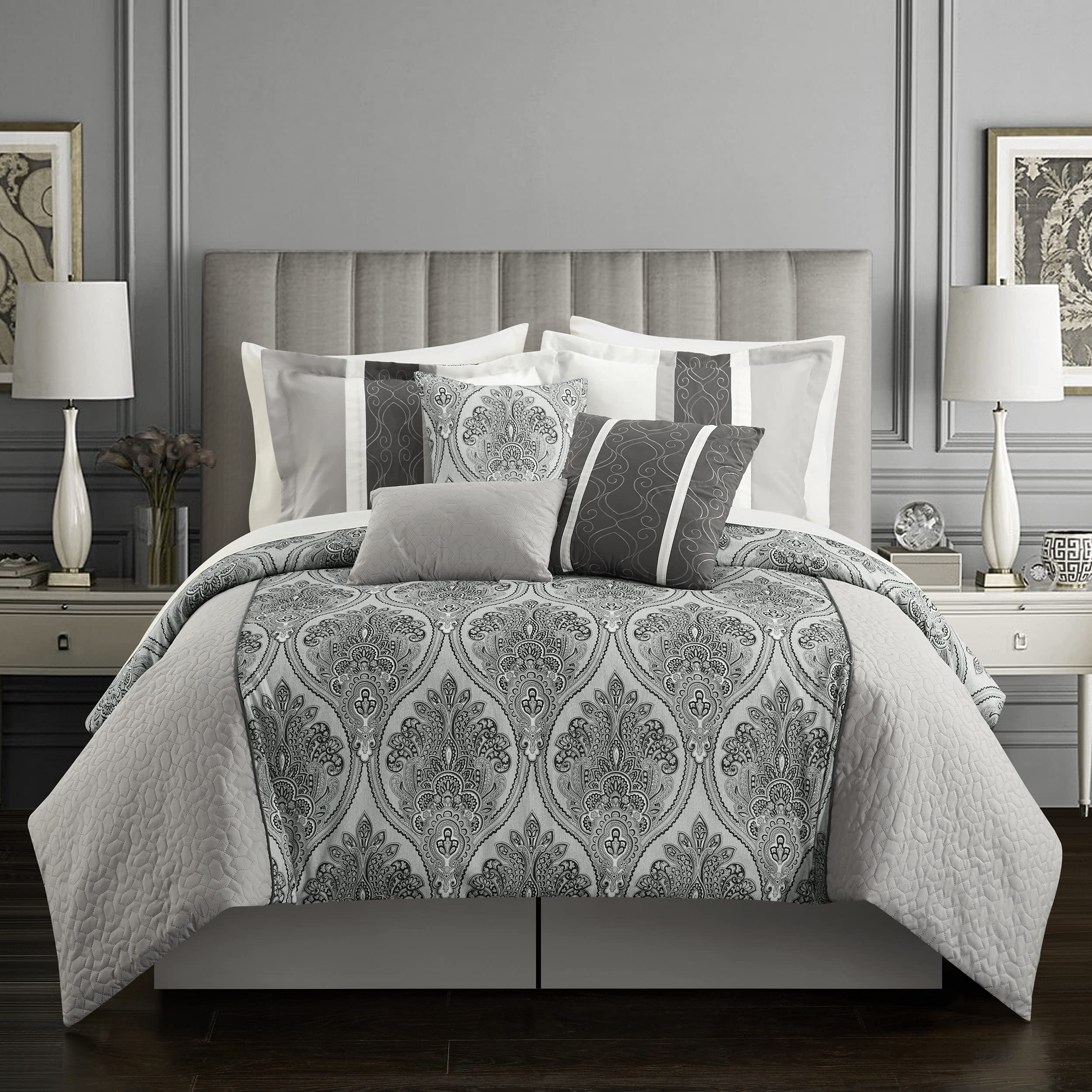 Chic Home BCS11800-AN Phantogram 7 Piece Comforter Set Reversible Two-Tone Damask Pattern Geometric Quilting Bed Skirt Decorative Pillows Shams Included, Queen, Grey