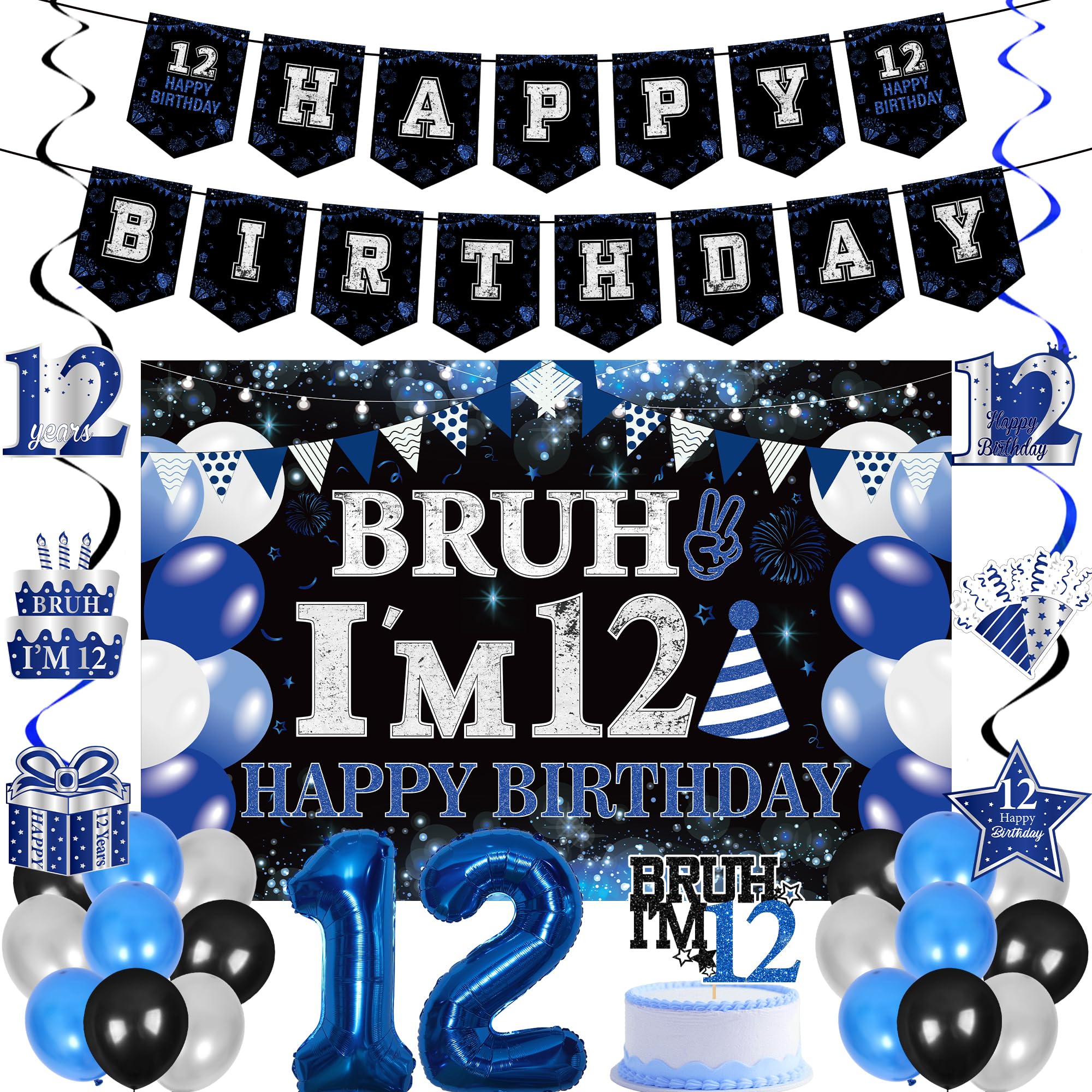 12th Birthday Decorations Banners Boys - 30 Pcs Black and Blue Happy Birthday Banner Set Bruh I'M 12 Background Curtain Number Foil Balloons Cake Topper Hanging Swirls for 12 Years Old Boy Party Decor โ image 1