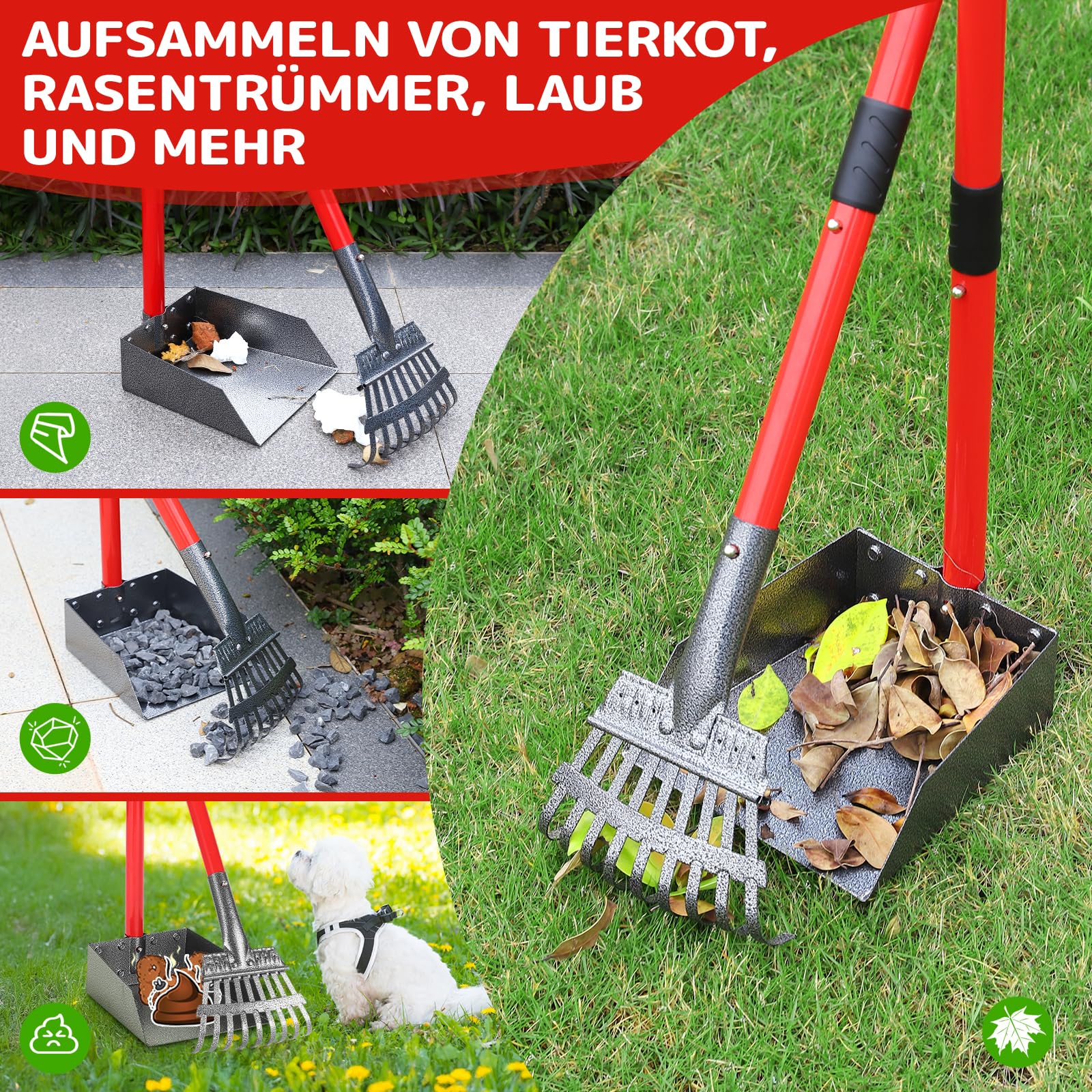Hundekotschaufel, Hundekotsammler Aus Edelstahl Für Große, Mittelgroße Und Kleine Hunde, Abnehmbares Metallrechen Und Tablett Für Garten, Gras, Erde Oder Kies - Rot