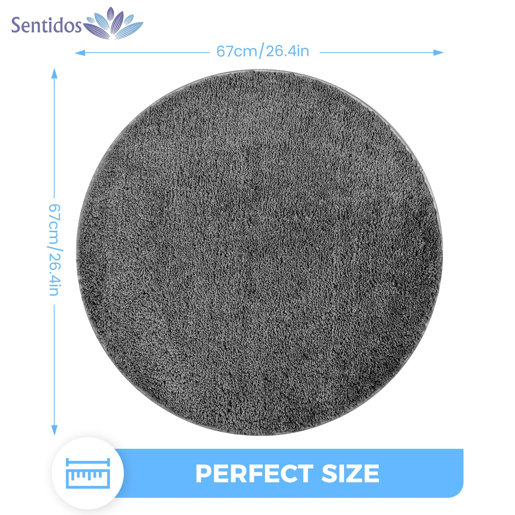 Sentidos Badematte Rund Ø 67 cm Grau, Badezimmerteppich rutschfest, Hochflor Badteppich rund flauschig & wasserabsorbierend, Badvorleger rutschfest waschbar, WC Vorleger & Duschvorleger - Badgarnitur