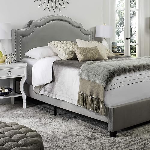 Home Collection Theron Pewter Velvet Nickel Nailhead Trim Queen Bed