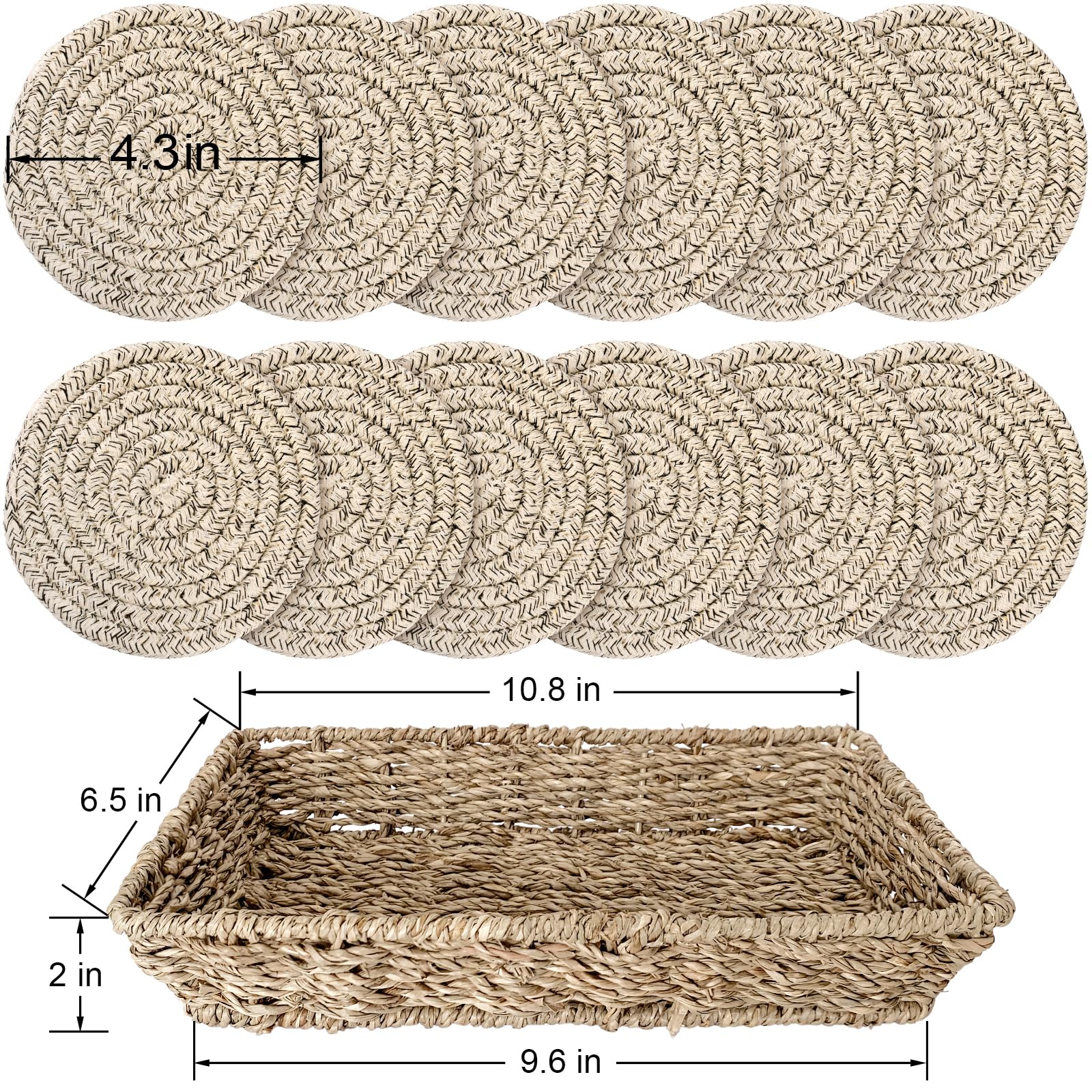 12 Pcs Handmade Woven Coasters for Drinks, Absorbent and Insulating Cotton Coasters with Seagrass Basket Holder set, Boho Perfect for Coffee Table and Home Decor