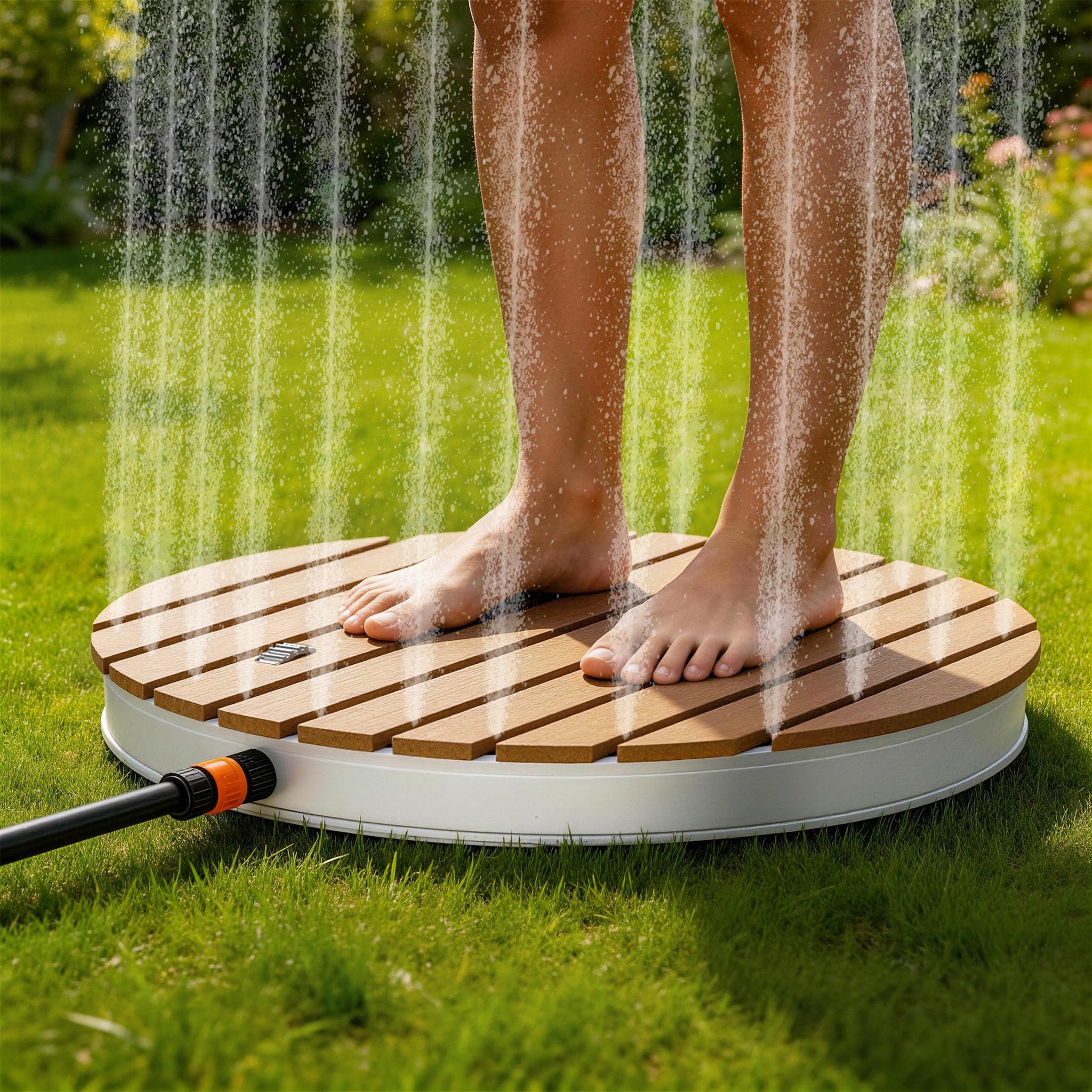 UISEBRT WPC Gartendusche Bodendusche mit Fußrad bis 4 m Fontänenhöhe,rutschfest wetterfest Frost- & UV-Beständig Außendusche für Pool, Camping, Sauna, Hundewäsche,Braun Rund (Ø 70cm)