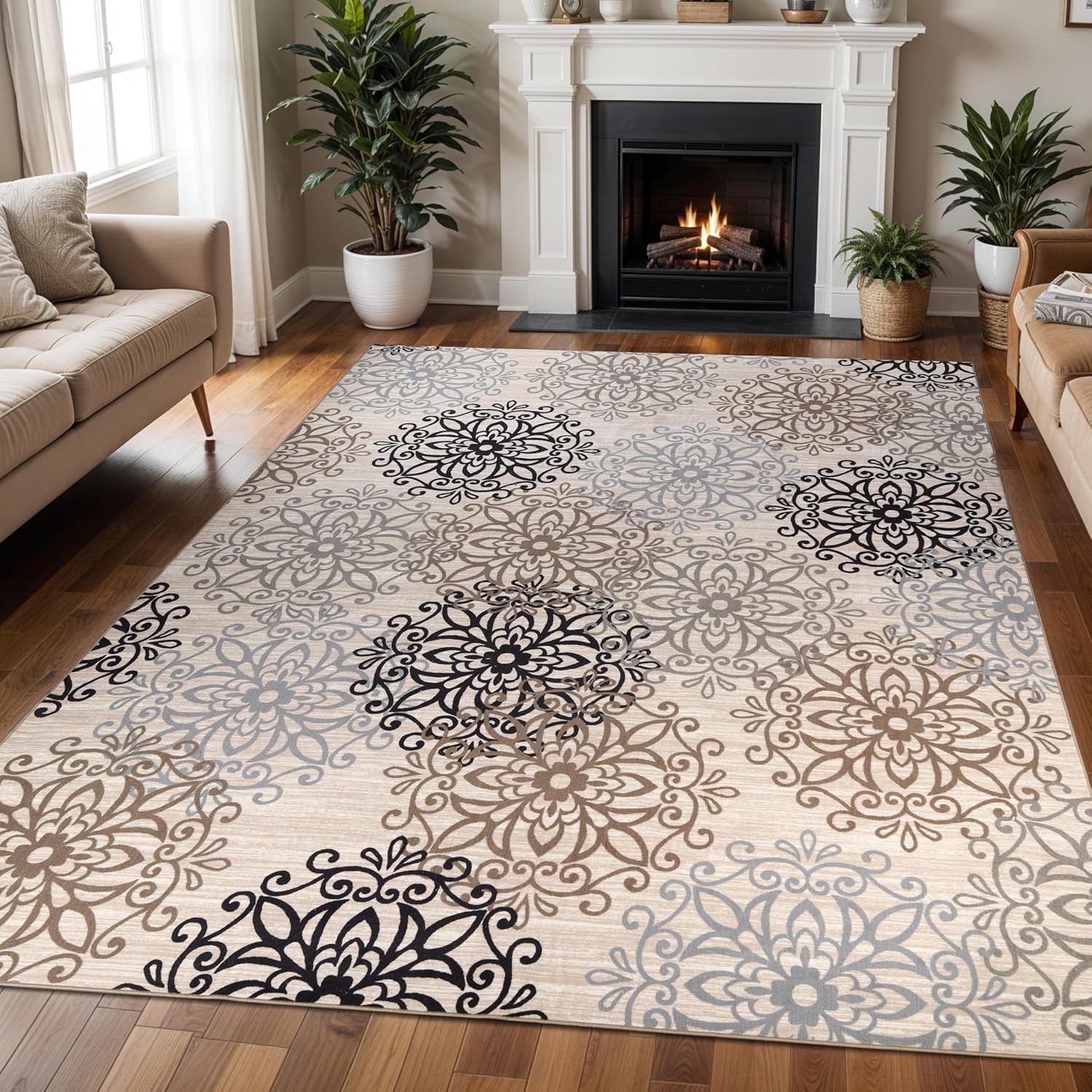 Superior Indoor Large Area Rug, Washable Rugs, Modern Rug for Living Room, Bedroom, Kitchen, Dining, Office, Cotton Backing, Floral Medallion Floor Decor, Leigh Collection, 12' x 18', Beige/Brown