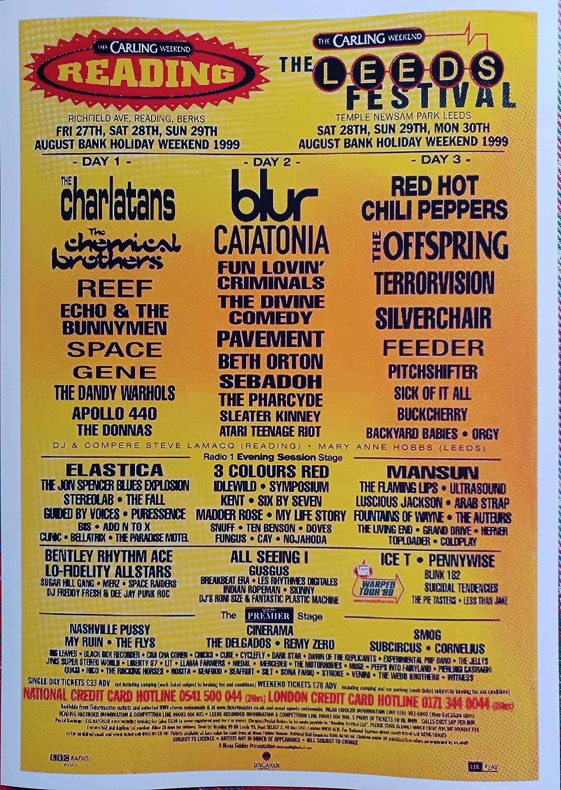 Reading Leeds Festival 1999 line-up - Charlatans Blur Offspring - souvenir print
