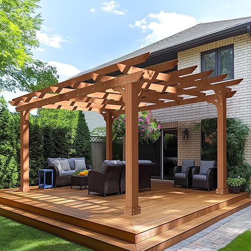 MUPATER 10' x12' Wooden Pergola, Pergola Kit with Stakes, All Cedar Wood & Quality Supported Structure, Snow & Wind Supported, All-Season Durability, Outdoor Shade for Backyard, Lawn, Deck