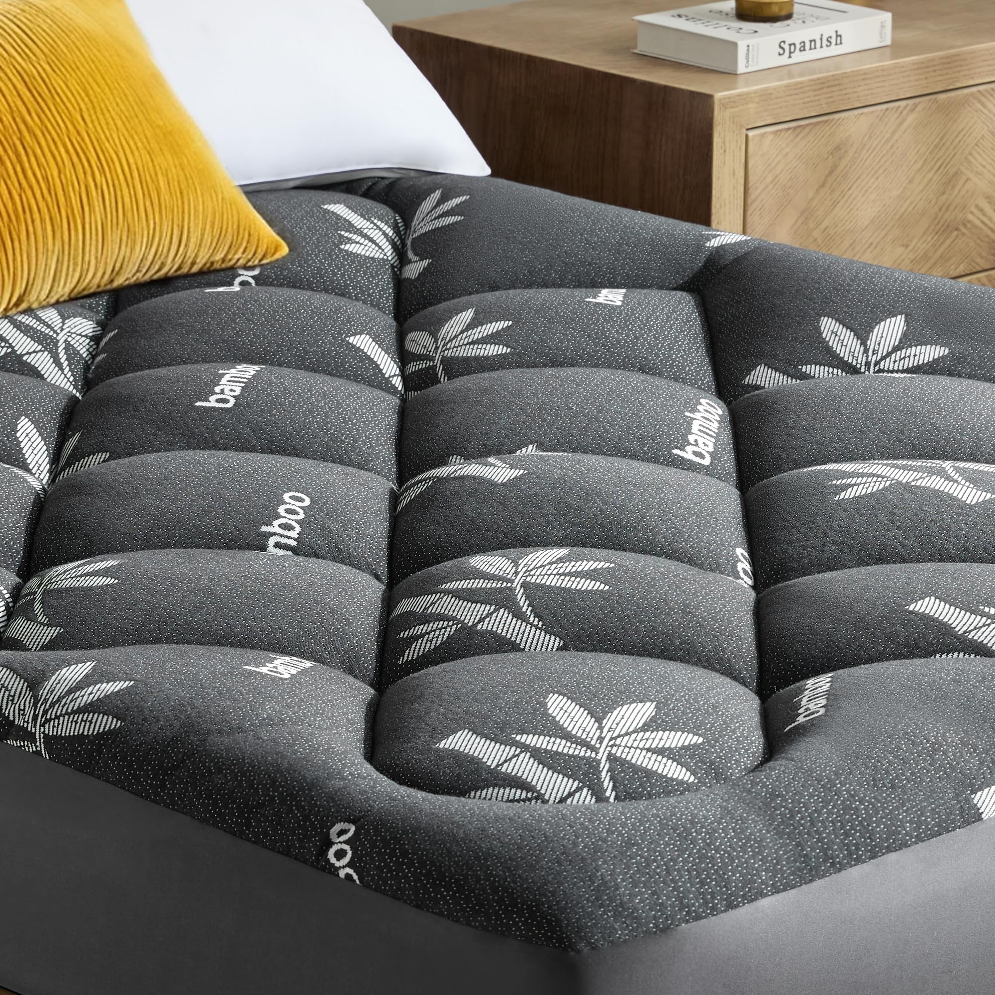 mattress topper queen size - viscose made from bamboo pillow top mattress pad with deep pockets - soft mattress topper for back pain relief(60"x80",black)