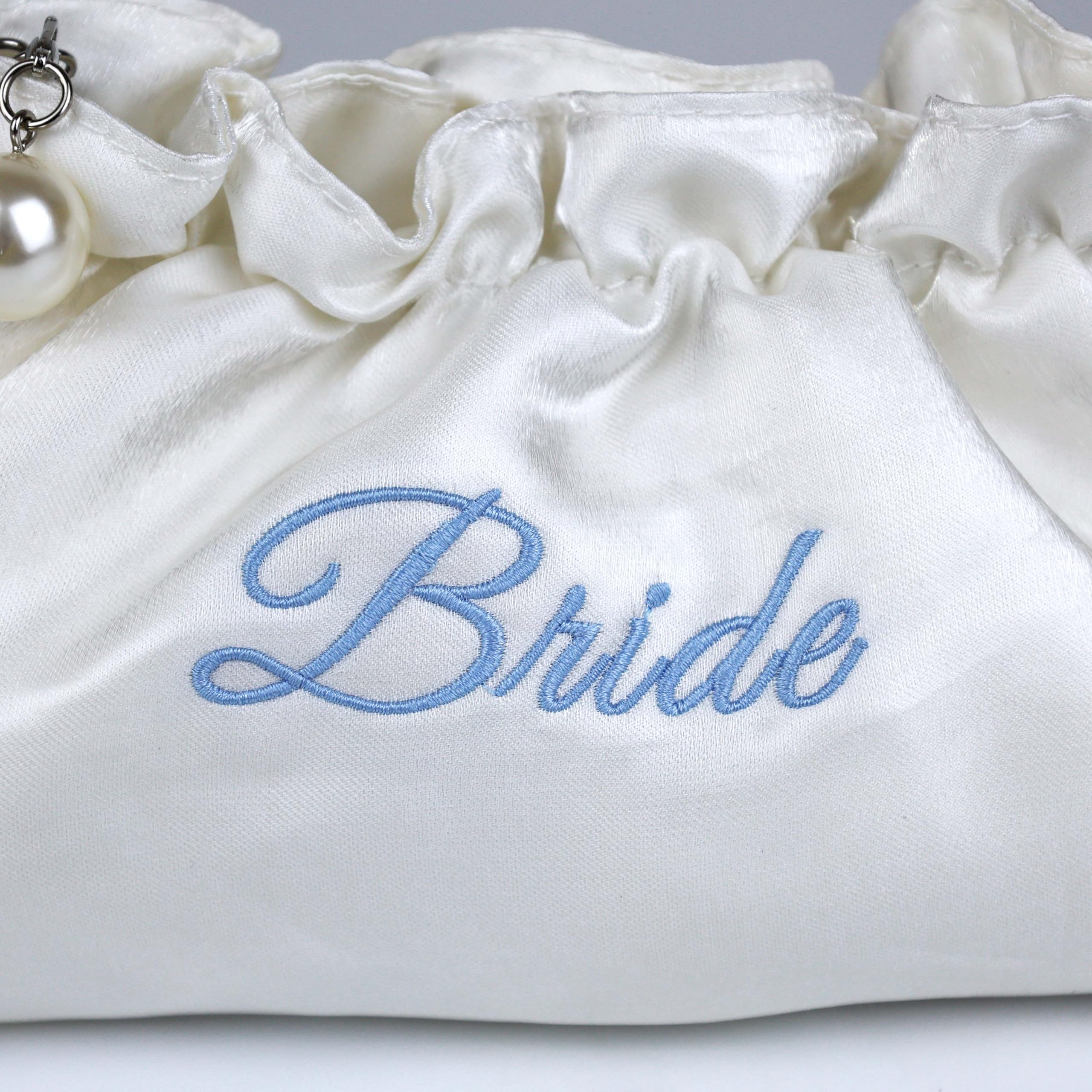 Embroidered Bride Cosmetic Bag| Creamy White Satin Something Blue Silk Makeup Bag Bling Pearl Bride To Be Purse for Bridal Shower Bachelorette Party Women Wedding Engagement Gift