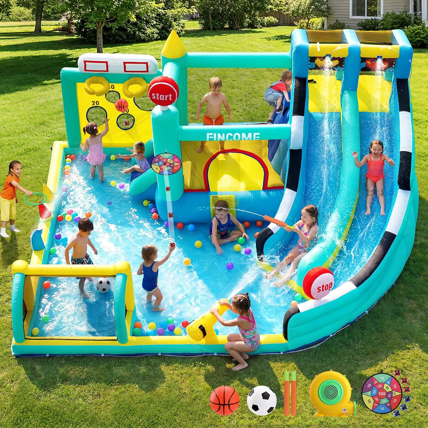 FINCOME Bounce House Double Slides for Kids 3-10, Large Bounce Castle with Air Blower 550W, Pool, Jumping, Climbing, Balls, Ring Toss, Inflatable Water Park for Birthday Party Holiday Outdoor Indoor