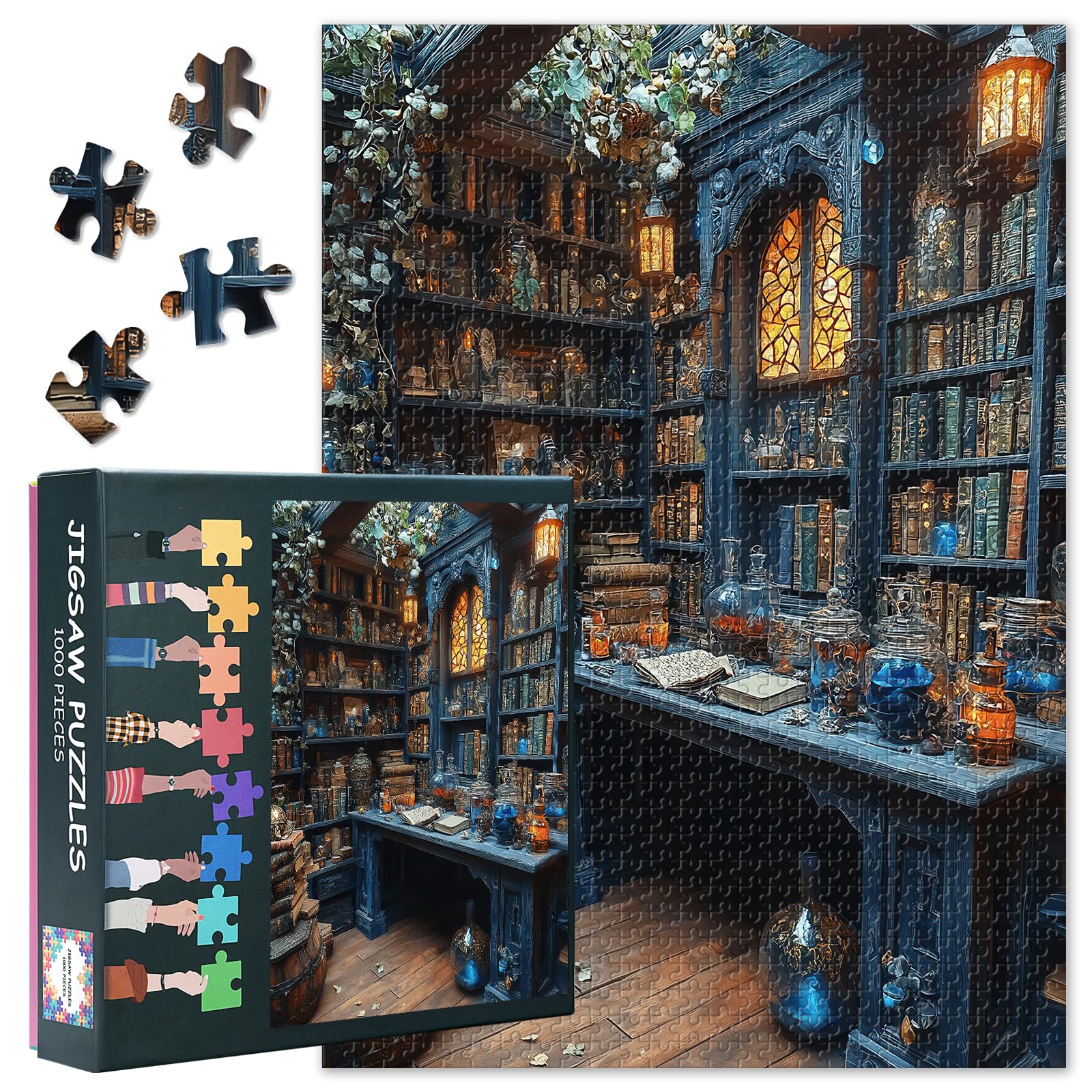 1000-Piece Jigsaw–Enchanted Library with Books and Glass Vessels Premium Puzzle Fit 50x70cm Display-Ready Art, Ships in Sturdy Box