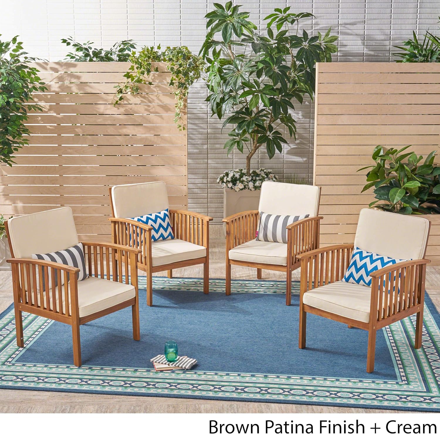 Great Deal Furniture Ray Acacia Outdoor Acacia Wood Club Chairs, Brown Patina and Cream (Set of 4), (306231)