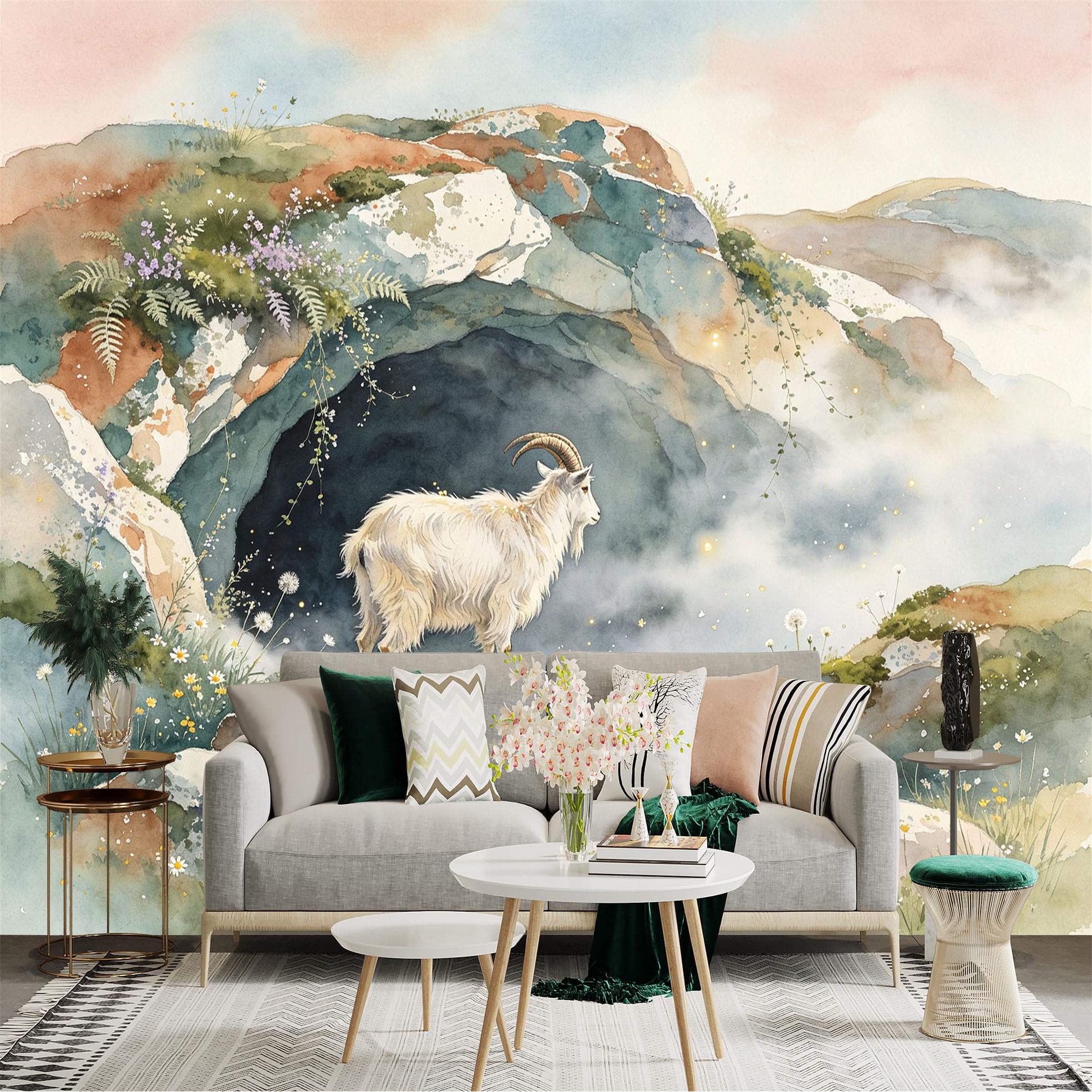Lnzczhyre Bh260719015 Custom Size Wall Sticker Mural， White Goat On Rocky Cliff， Misty Mountain Landscape， Watercolor Nature Art， For Wall Decoration， Peelandstick Wall Decals.