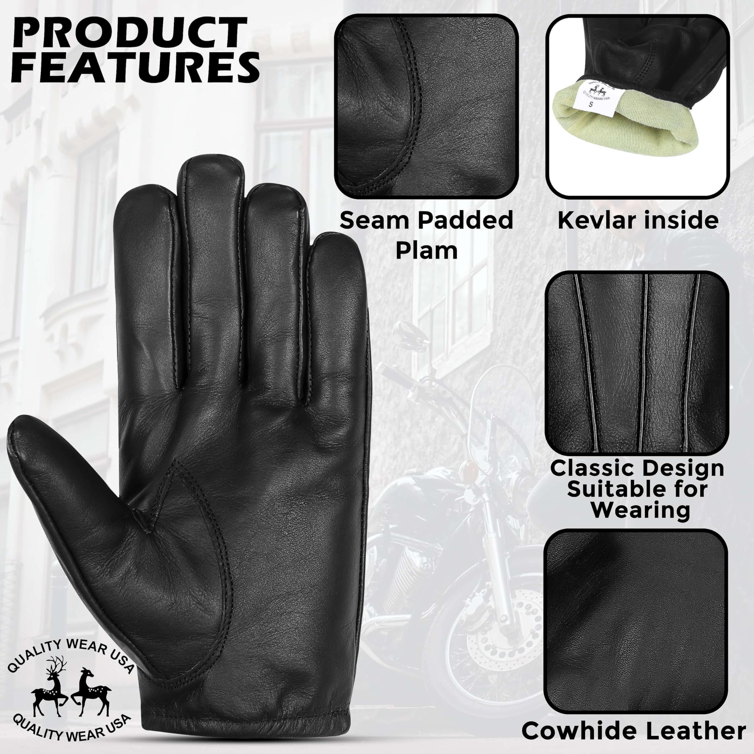 QUALITY WEARS USA LEATHER CUT RESISTANT GLOVES - PATROL DUTY SEARCH GLOVES (Unisex) (Large)