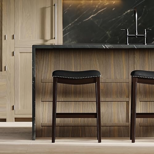 Miniatura 2 de New Ridge Home Goods Julian Taburete de bar de madera sin respaldo de 31 pulgadas, marco espresso con asiento tapizado negro Asiento de piel