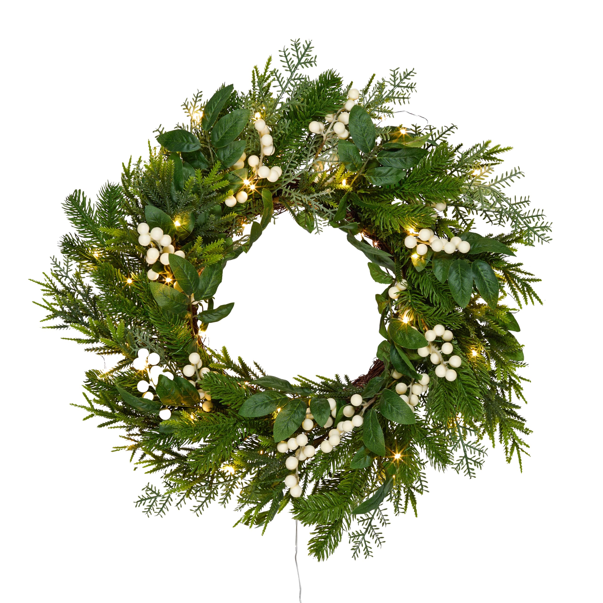 Lights4fun Beleuchteter Türkranz mit künstlichem Tannengrün & weißen Beeren | mit 50 warmweißen LEDs | batteriebetrieben & mit Timer | Weihnachten Winter | ø 50 cm | grün/weiß