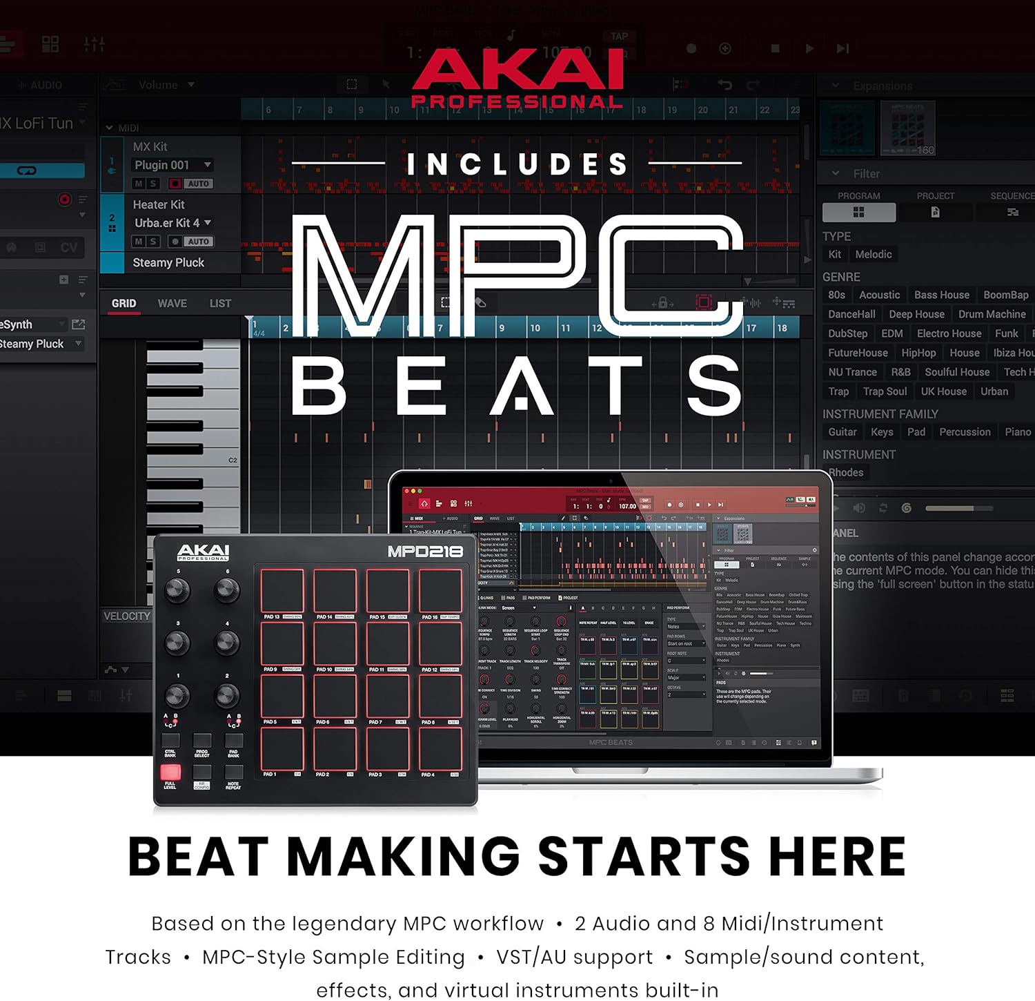 AKAI Professional MPD218 - USB MIDI Controller with 16 MPC Drum Pads, 6 Assignable Knobs, Note Repeat & Full Level Buttons and Production Software : Everything Else