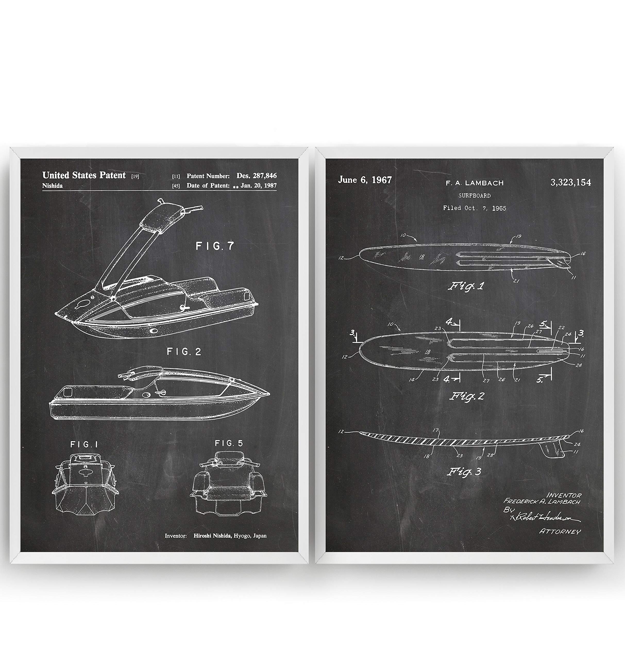Magic Posters Surfboard And Jet Ski Watersports Set Of 2 Patent Prints - Surfer Beach House Poster Giclee Art Wall Decor Vintage Blueprint Gift - Frame Not Included
