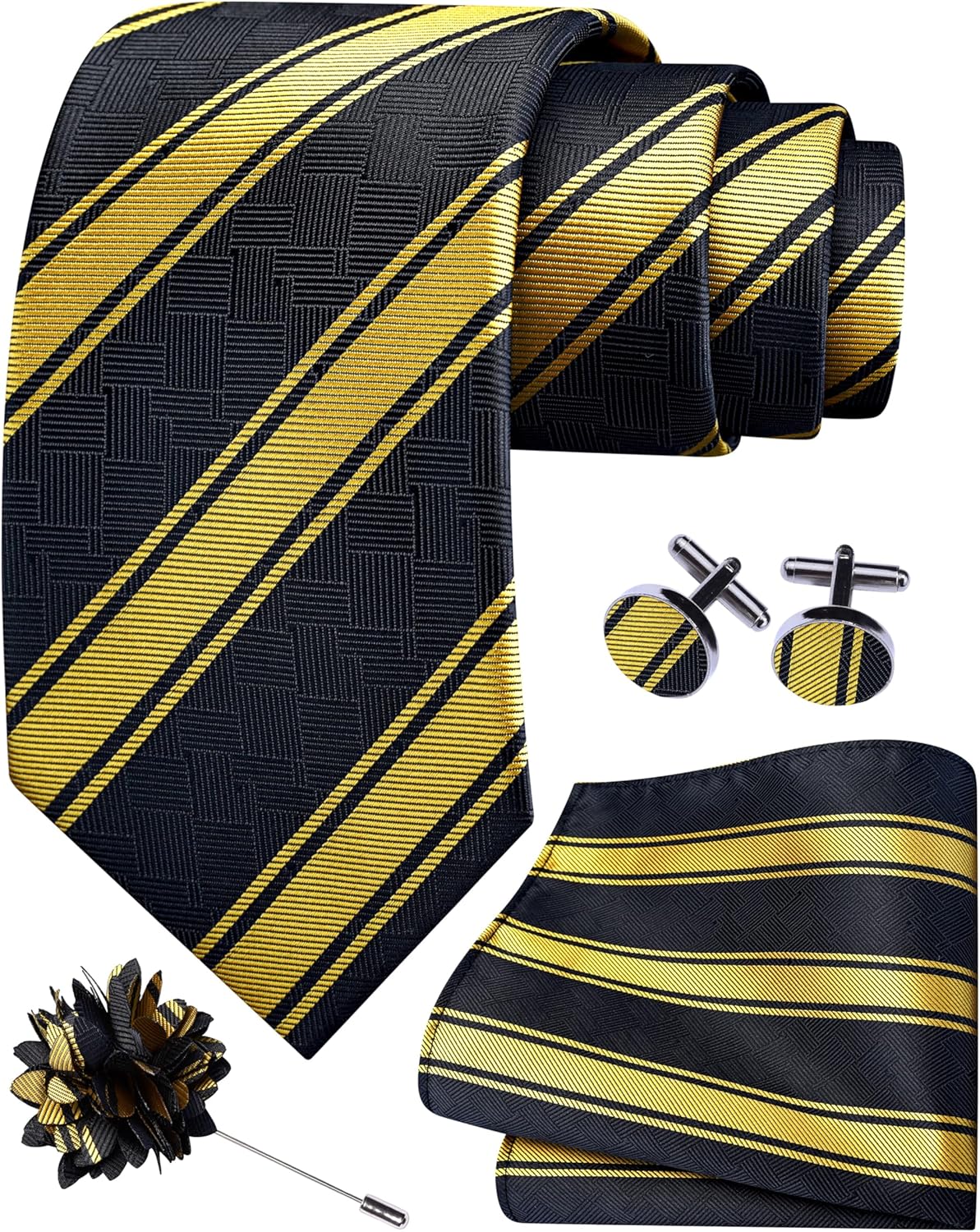 GUSLESON 3.15"(8cm) Striped Tie for Men With Lapel Pin Necktie Hankerchief Cufflinks Set - Image 2