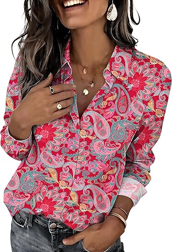 Miniatura 13 de Zeagoo Camisas con botones para mujer elegantes con estampado floral de manga larga blusa casual de negocios tops de trabajo