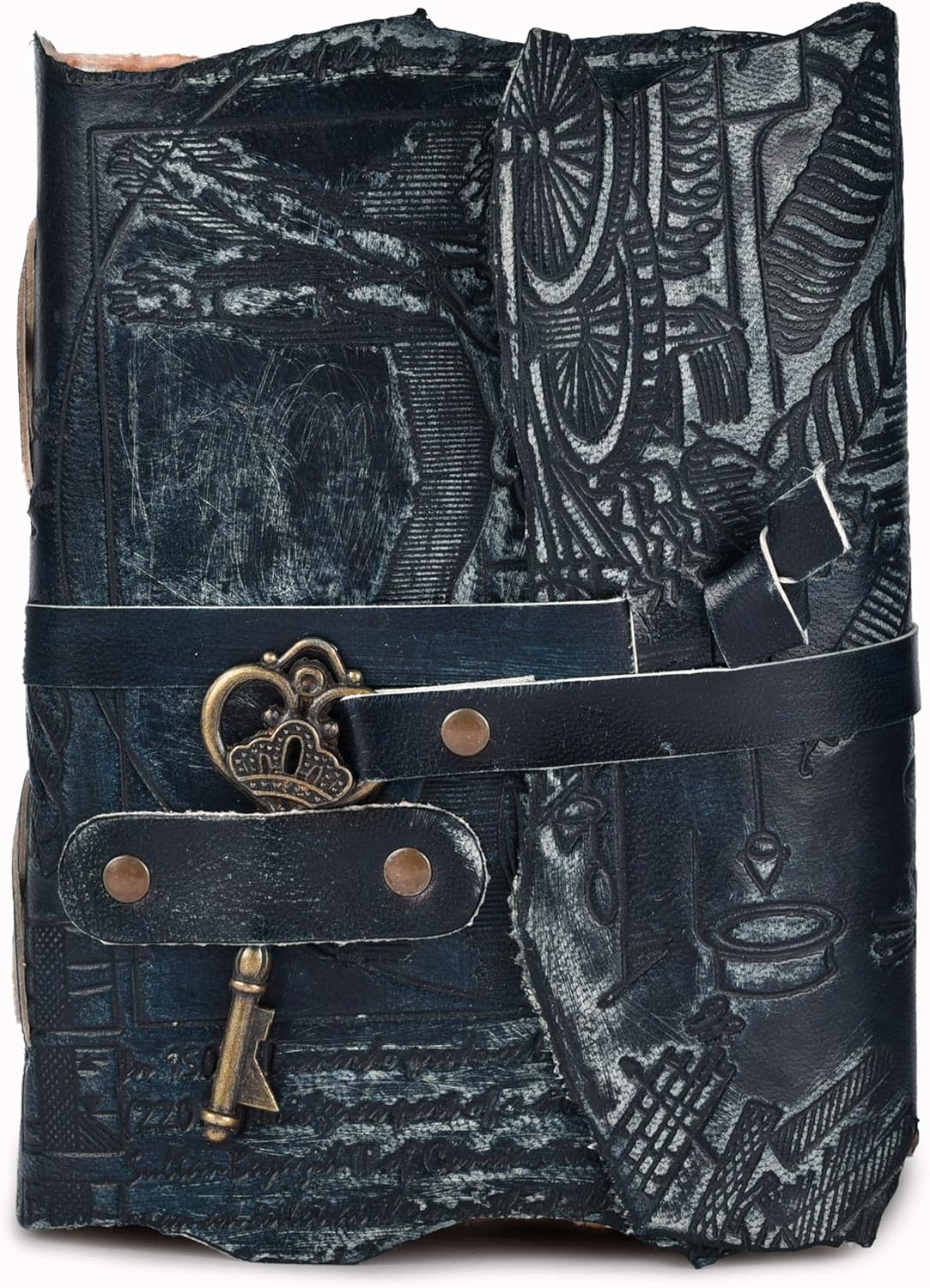 LEATHER VILLAGE Genuine Leather Handmade Journal for Men & Women – Vitruvian Man Embossed Cover – Key Closure – Book of Shadow – Vintage Deckle Edge Paper for Writing, Drawing – Turquoise - 7x5 Inches