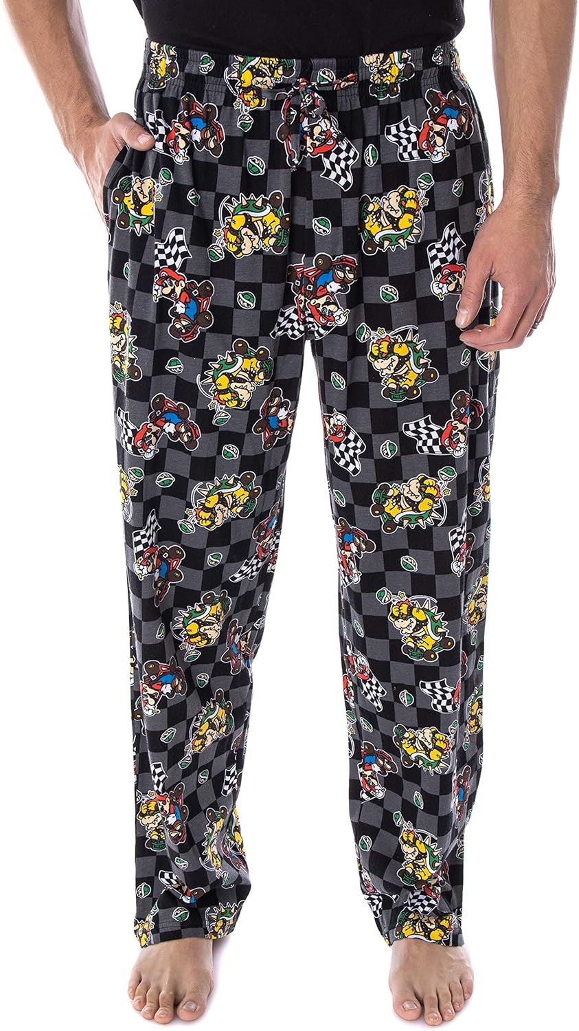 Nintendo Men's Mario Kart Checkered Flag Race Soft Touch Cotton Pajama Pants