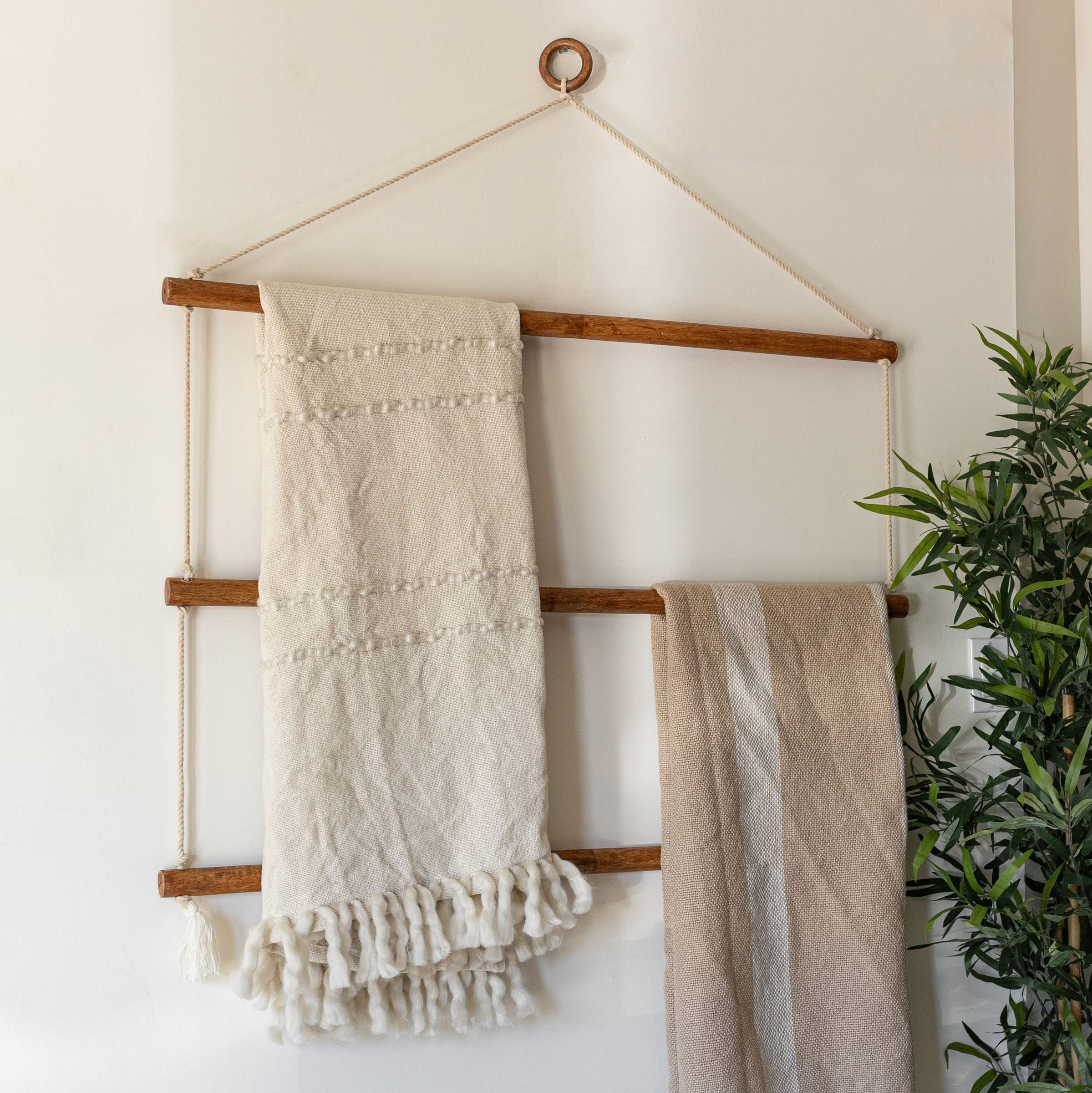 Foreside Home and Garden Hanging Macrame Wide Blanket Ladder Wood & Cotton by Foreside Home & Garden