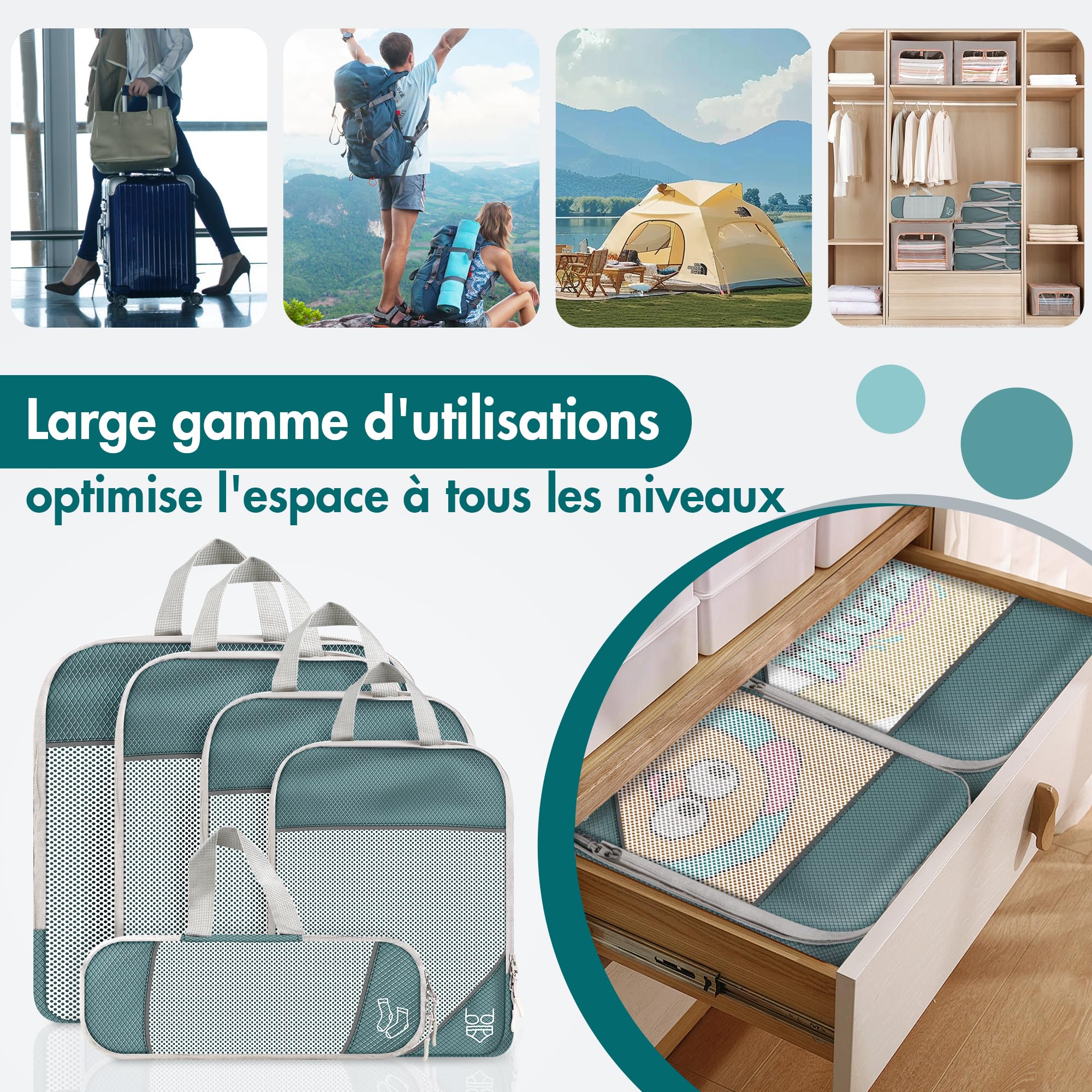 Lot de 10 Organisateurs de Valise à Compression, Packing Cubes Compression Gris, Pochettes de Rangement Voyage en Maille, Cubes de Bagage Multi-Tailles avec Sacs à Chaussures et Accessoires