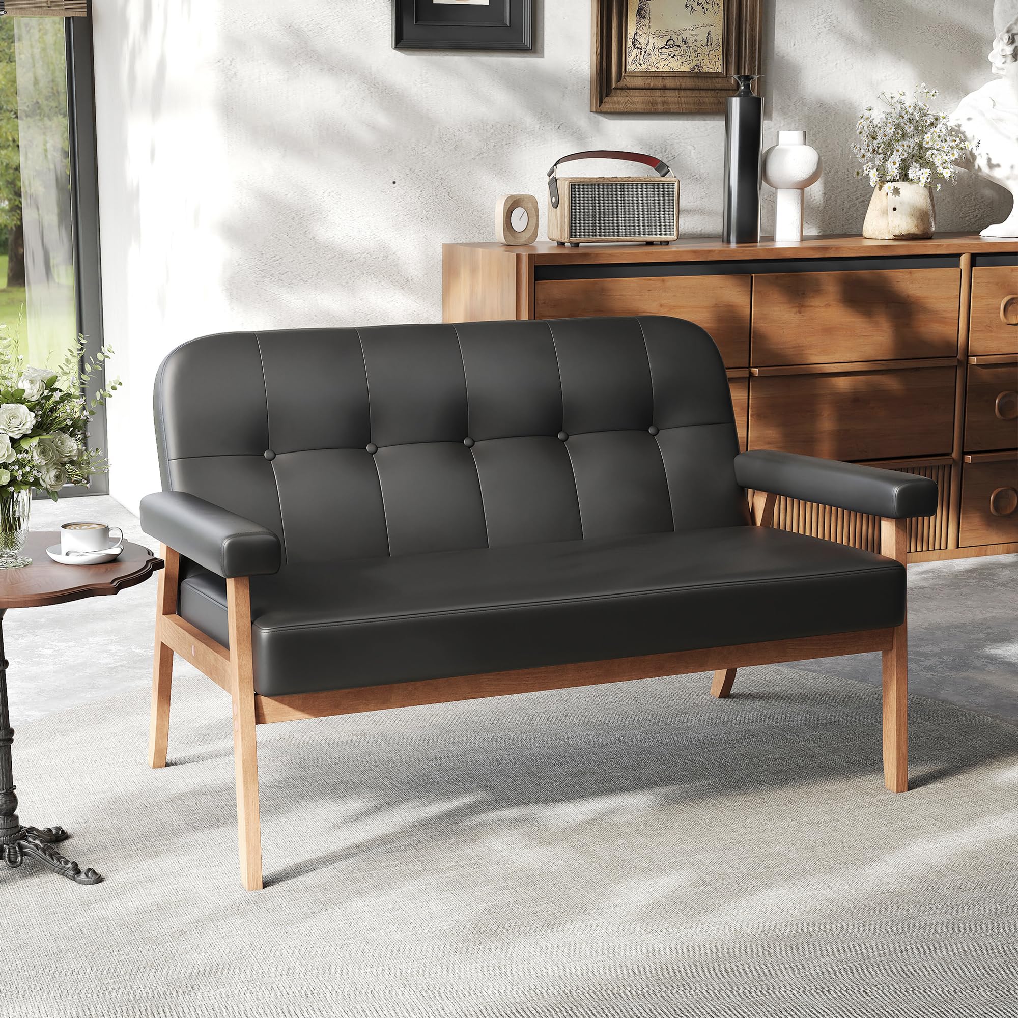 STHOUYN 50”W Black Faux Leather Small Office Couch Loveseat Sofa with Wood Arms, Mid Century Modern Love Seat Sofas Lounge Armchair Living Room Bedroom (Black (loveseat))