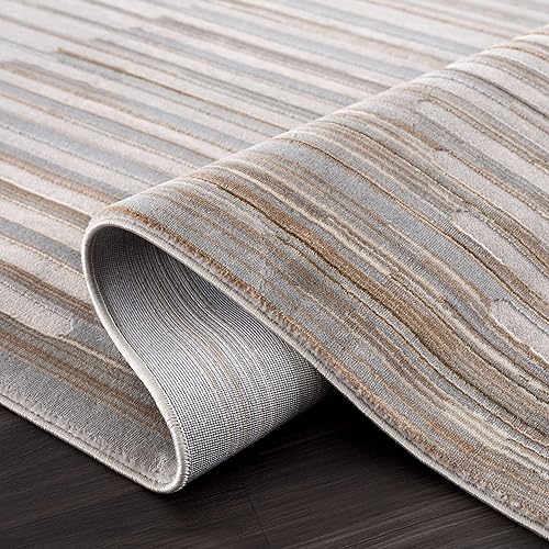 Miniatura 6 de Abani Alfombra contemporánea lavable a rayas beige y marfil de 4 x 6 pies, alfombra moderna de mediados de siglo para sala de estar