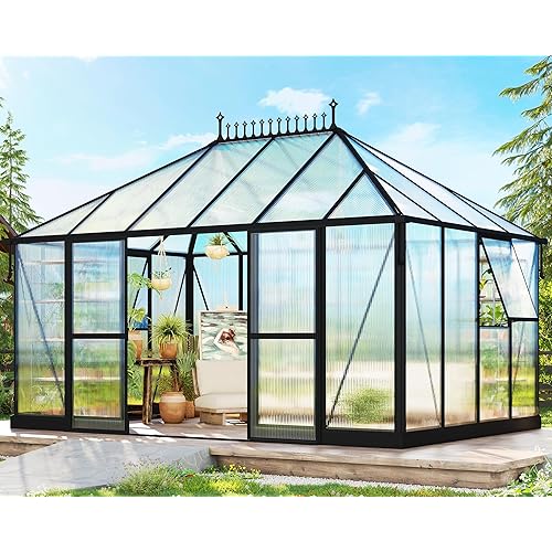 14×9.7×10 FT Greenhouse for Outdoors with 6 ft Double Swing Door & 2 Vents, Heavy Duty Green House with Aluminum Frame for Outside Patio Backyard Garden