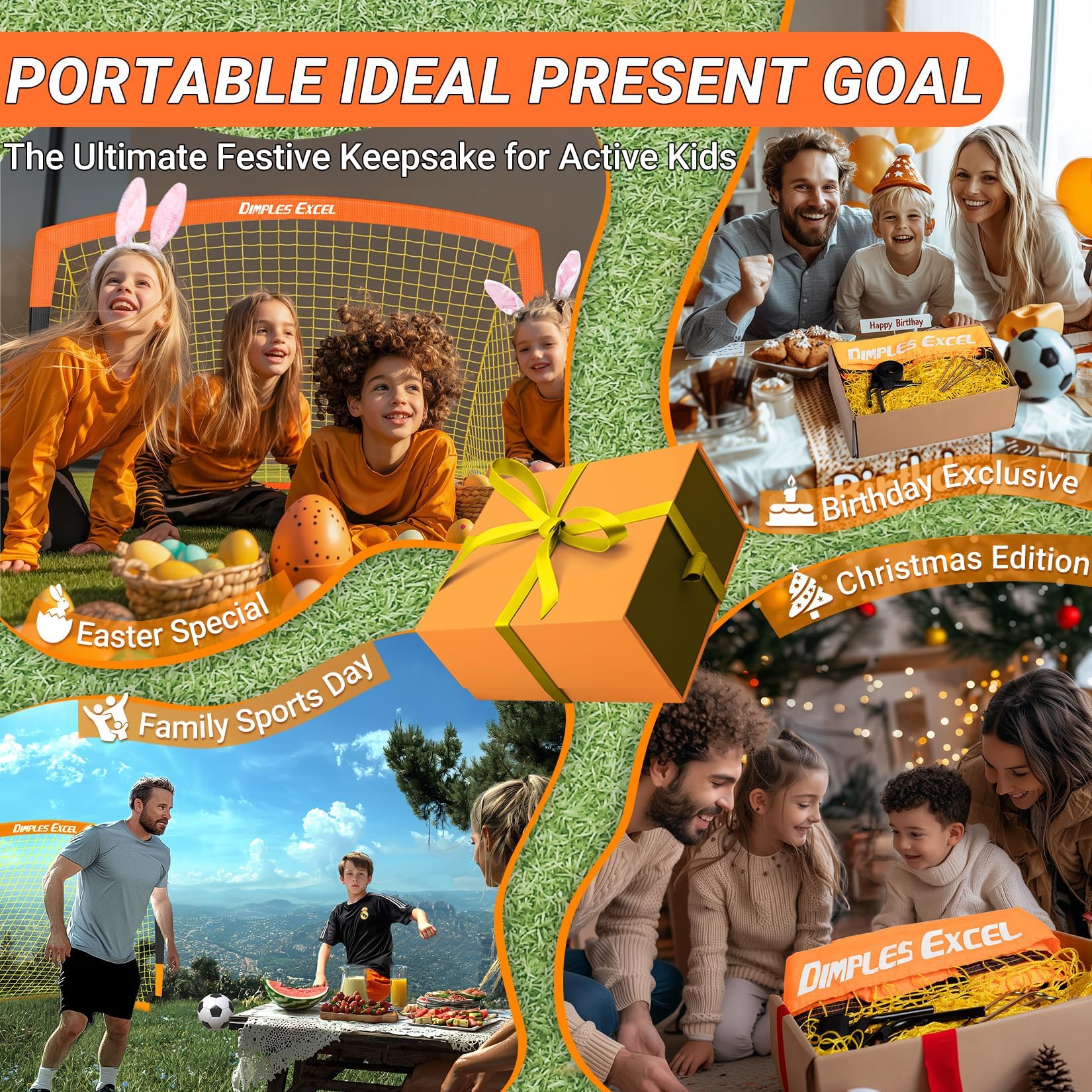 Dimples Excel Soccer Goals - Red de fútbol para niños para Patio Trasero de 7 x 5 pies, 5 x 3.6 pies, 4 x 3 pies, 3 x 2.2 pies