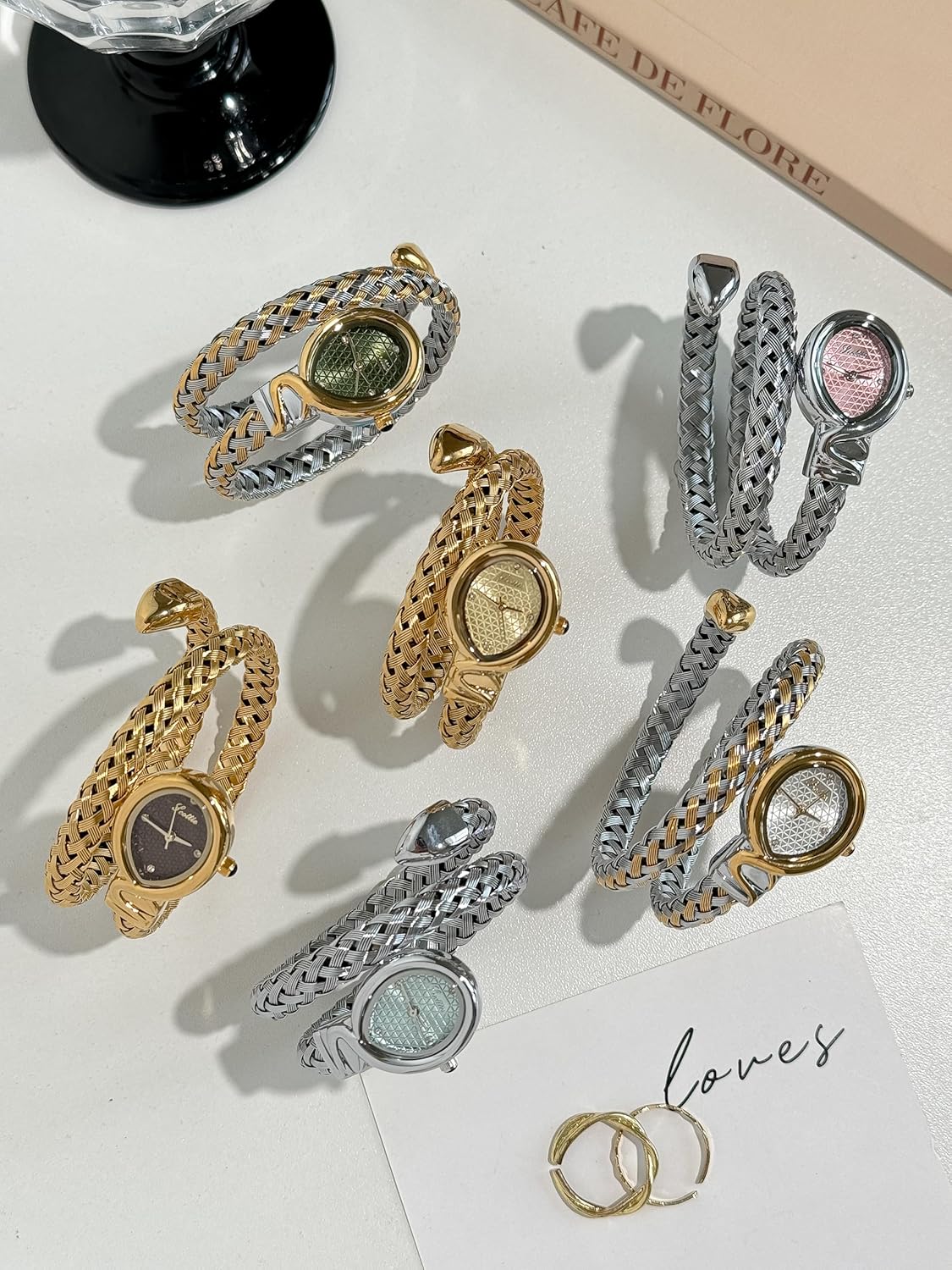 PASOY Fashion Women’s Wrap Bracelet Snake Watch Teardrop Oval Dial, Braided Double-Wrap Bangle, Quartz Analog with Crystal Markers Waterproof Elegant Dress Wristwatch - Image 5