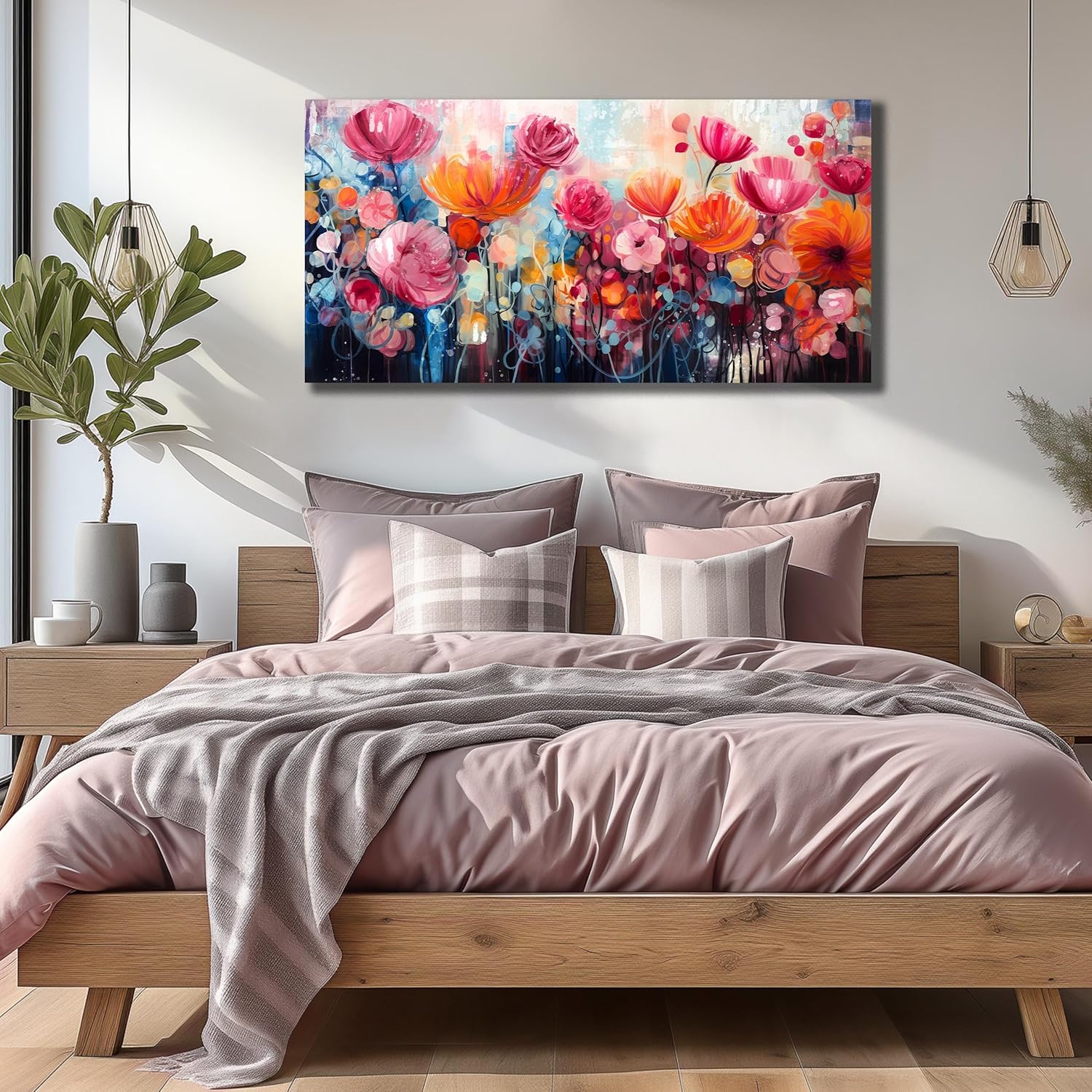 ENTANUB Flower Wall Art for Living Room, Pink Canvas Print Painting for Bedroom, Floral Picture Artwork, Large Size 48x24 Inches
