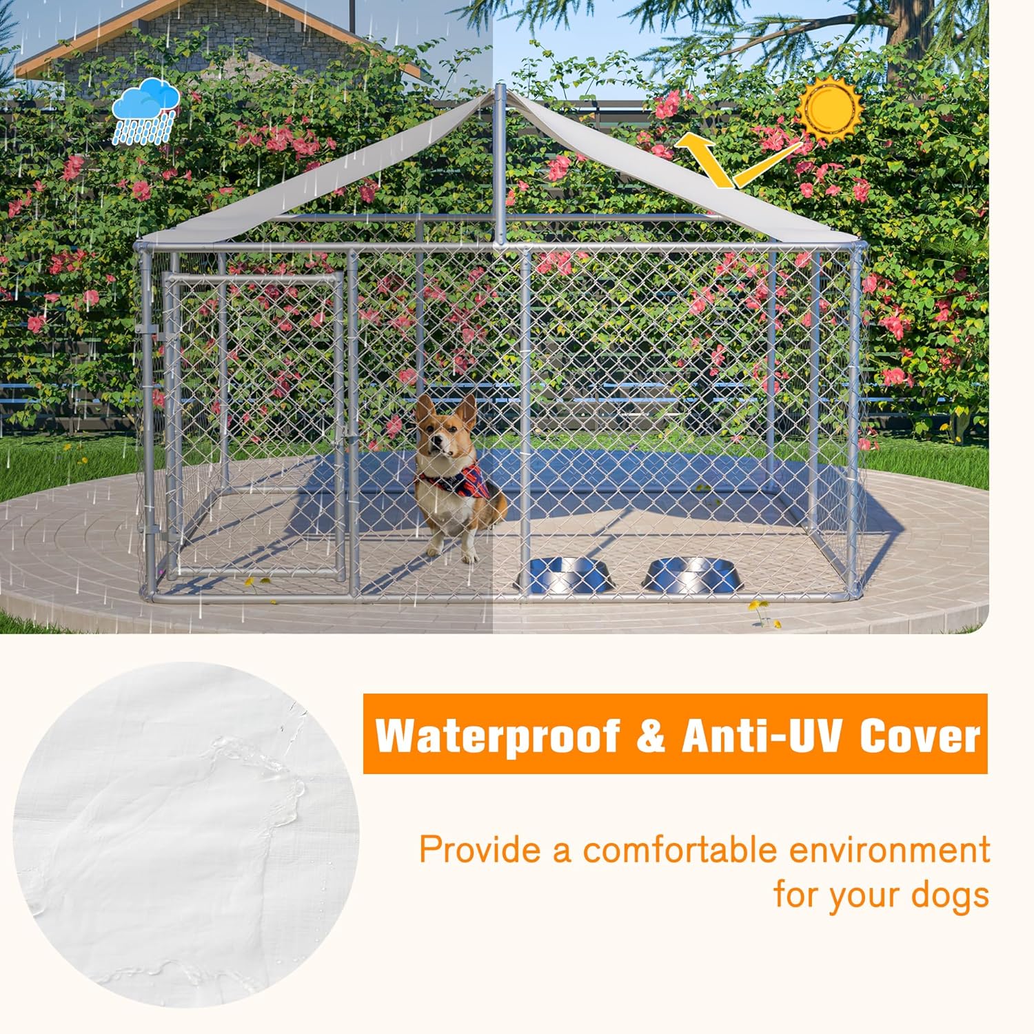 Detailed view of kennel construction showing galvanized wire mesh, sturdy frame, and solid connections
