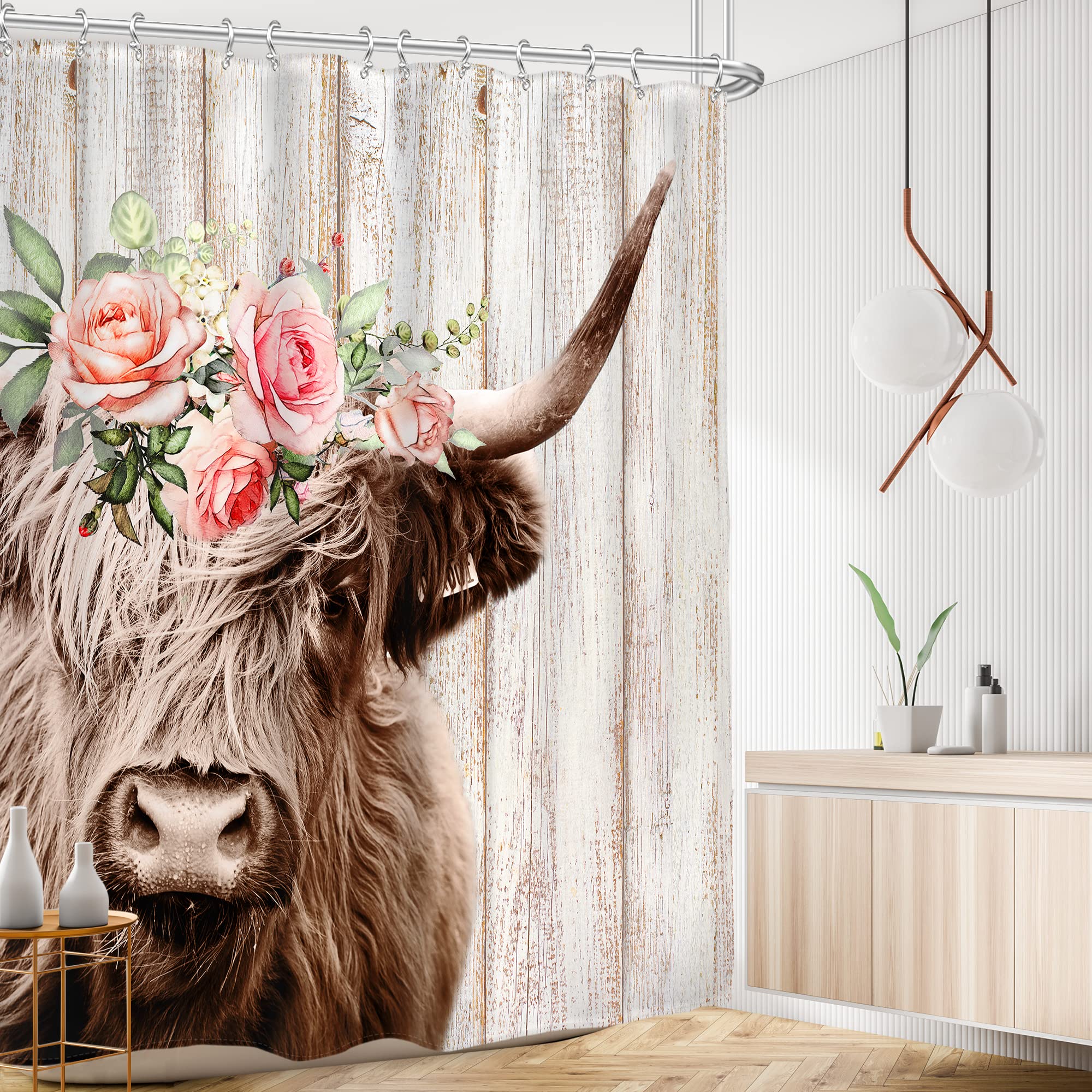 Duschvorhang Mit Highland Cow - 183 X 183 Cm, Wasserdicht & Inkl. 12 Haken