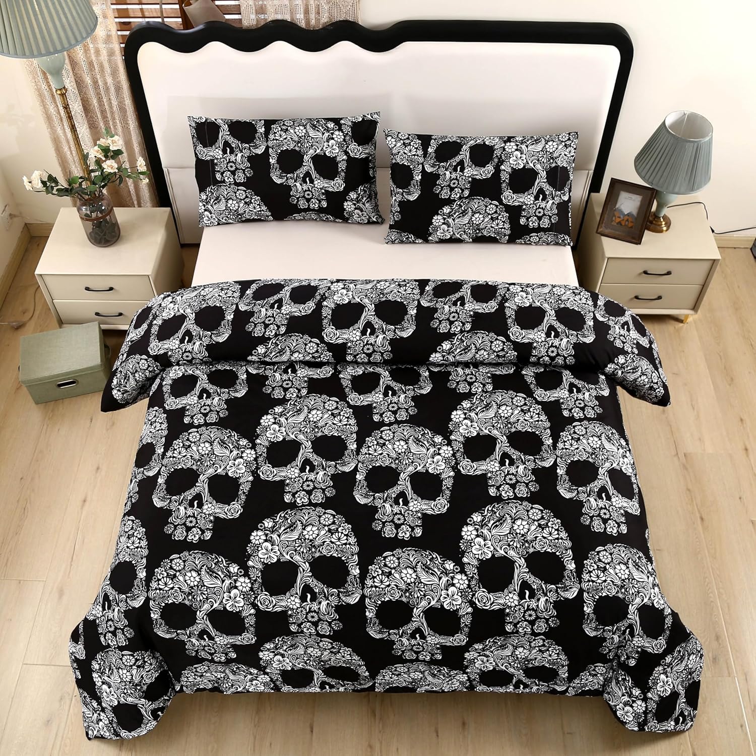 SDIII 3PCS Sugar Skull Comforter Set Queen, Soft Microfiber Lightweight Skull Comforter Queen, Goth Bedding Set for Kids Teens and Skeleton Lovers