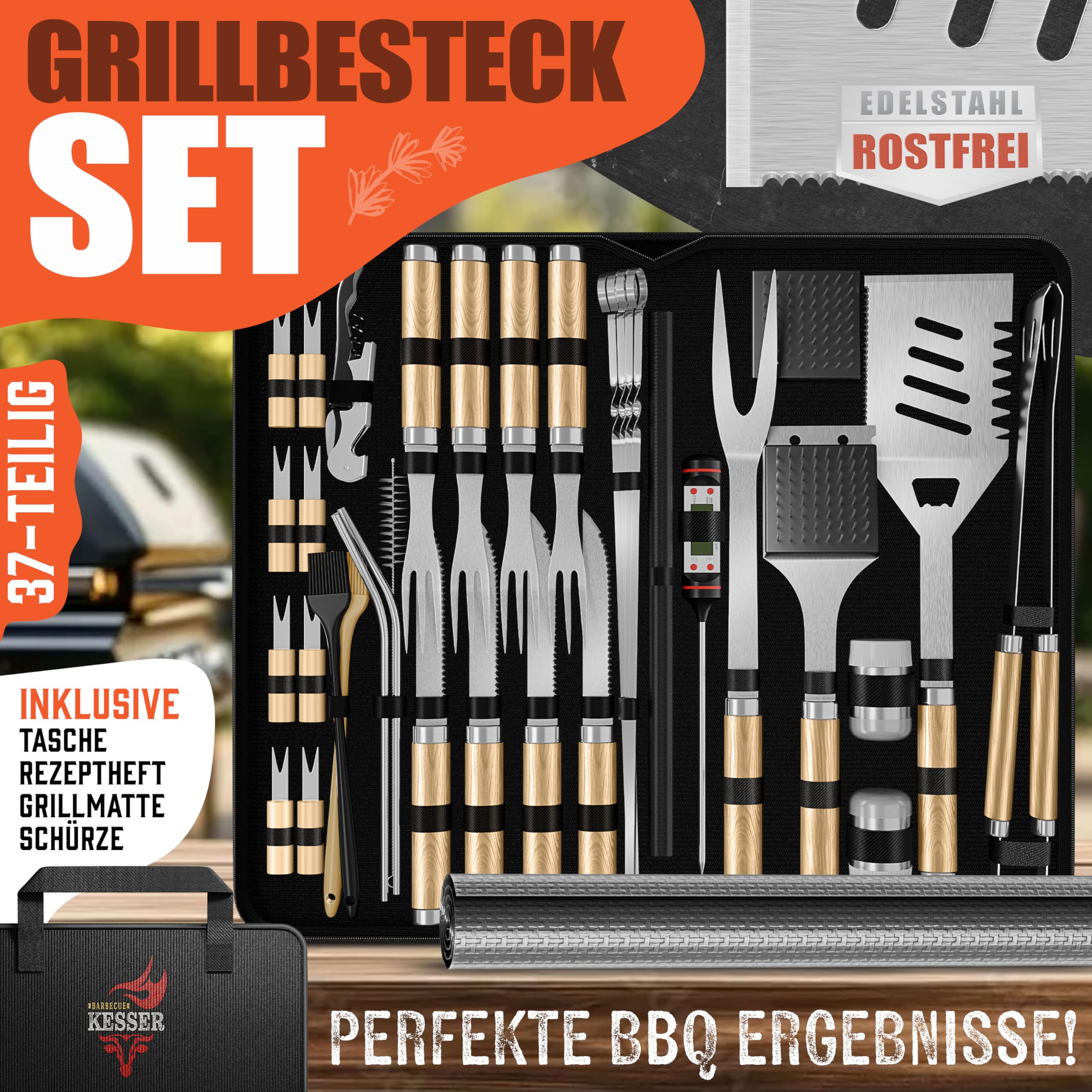 KESSER® Grillbesteck Set 37-teilig Grillzubehör aus rostfreiem Edelstahl Grillset mit Grillzange, Grillwender, 4in1 Grillspatel, Grillgabel, Grill-Spieß, Thermometer, Korkenzieher, Grillmatte & Tasche