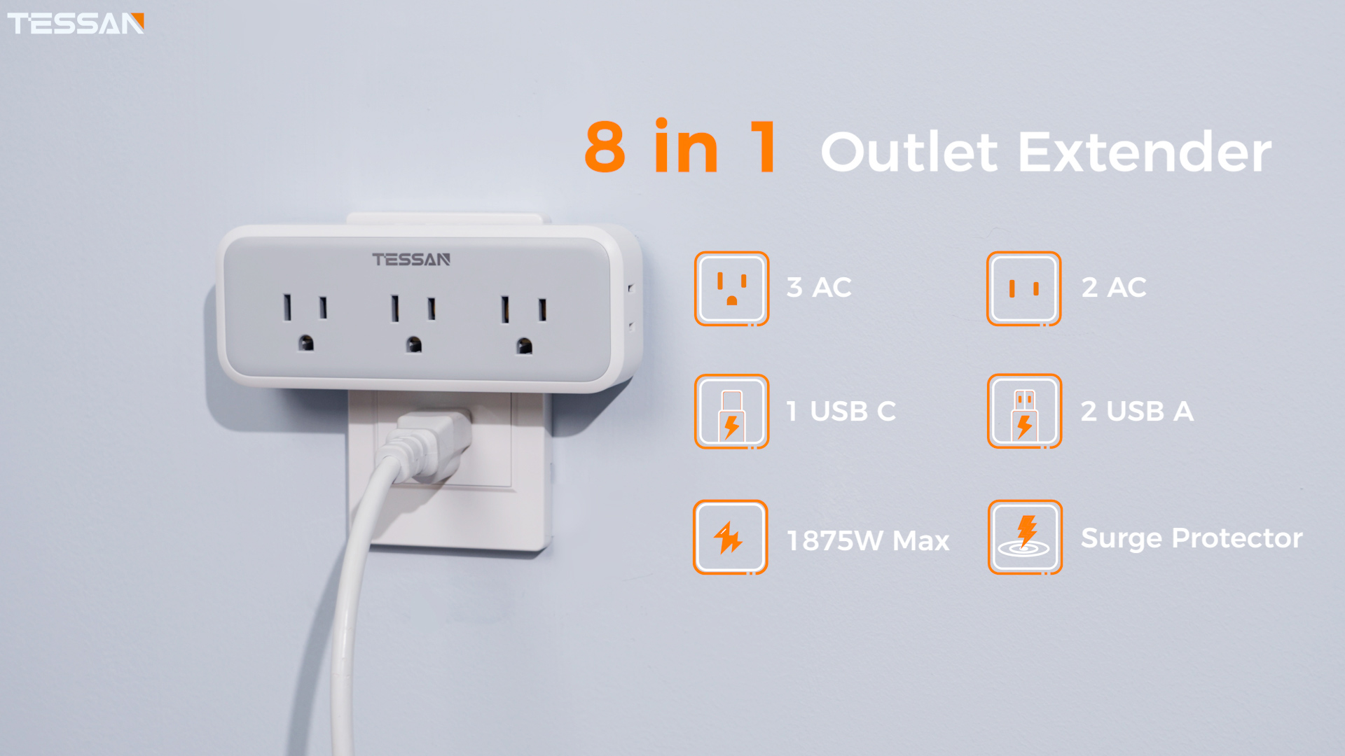 Tse＆Tse associees キューブロングタイプ Multi Plug Outlet Extender, USB C Wall Charger, TESSAN Wall Plug