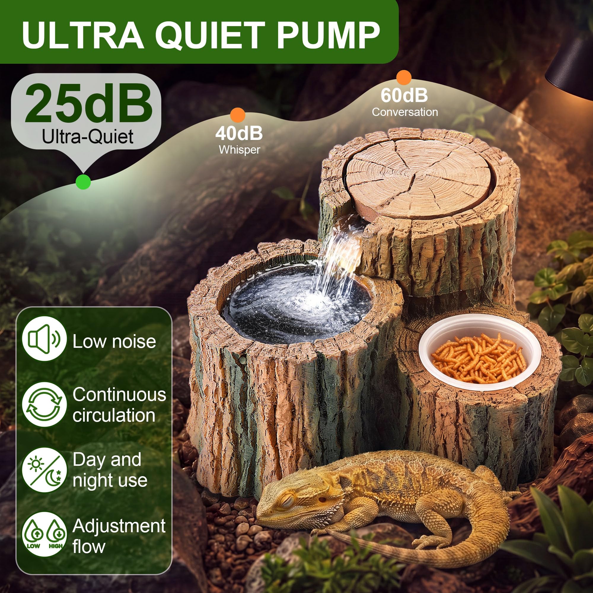 Fuente de agua 2 en 1 para reptiles con plato de comida, 550 ml