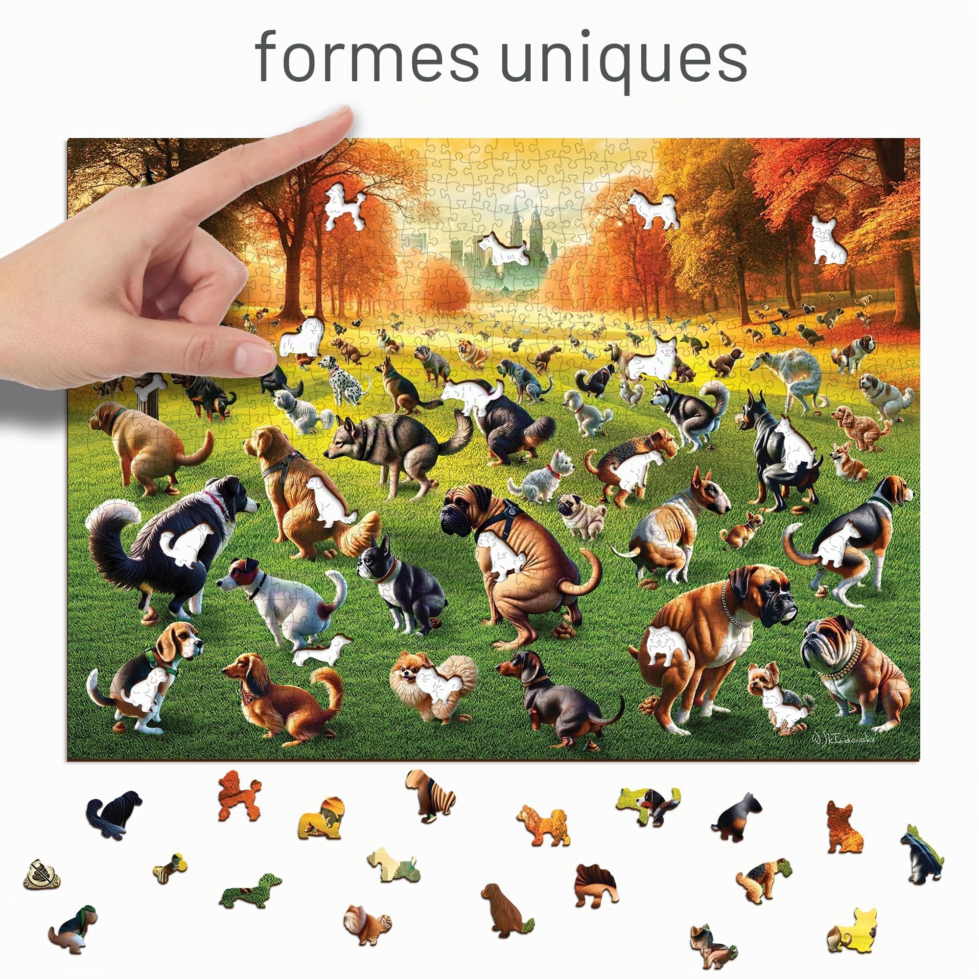 WOODEN.CITY Chiens Pipi Pipi Casse-tête en bois pour adultes 1000 pièces – Drôle de casse-tête de chien qui fait pipi, casse-tête en bois de 1000 pièces, scène animalière dans un parc national