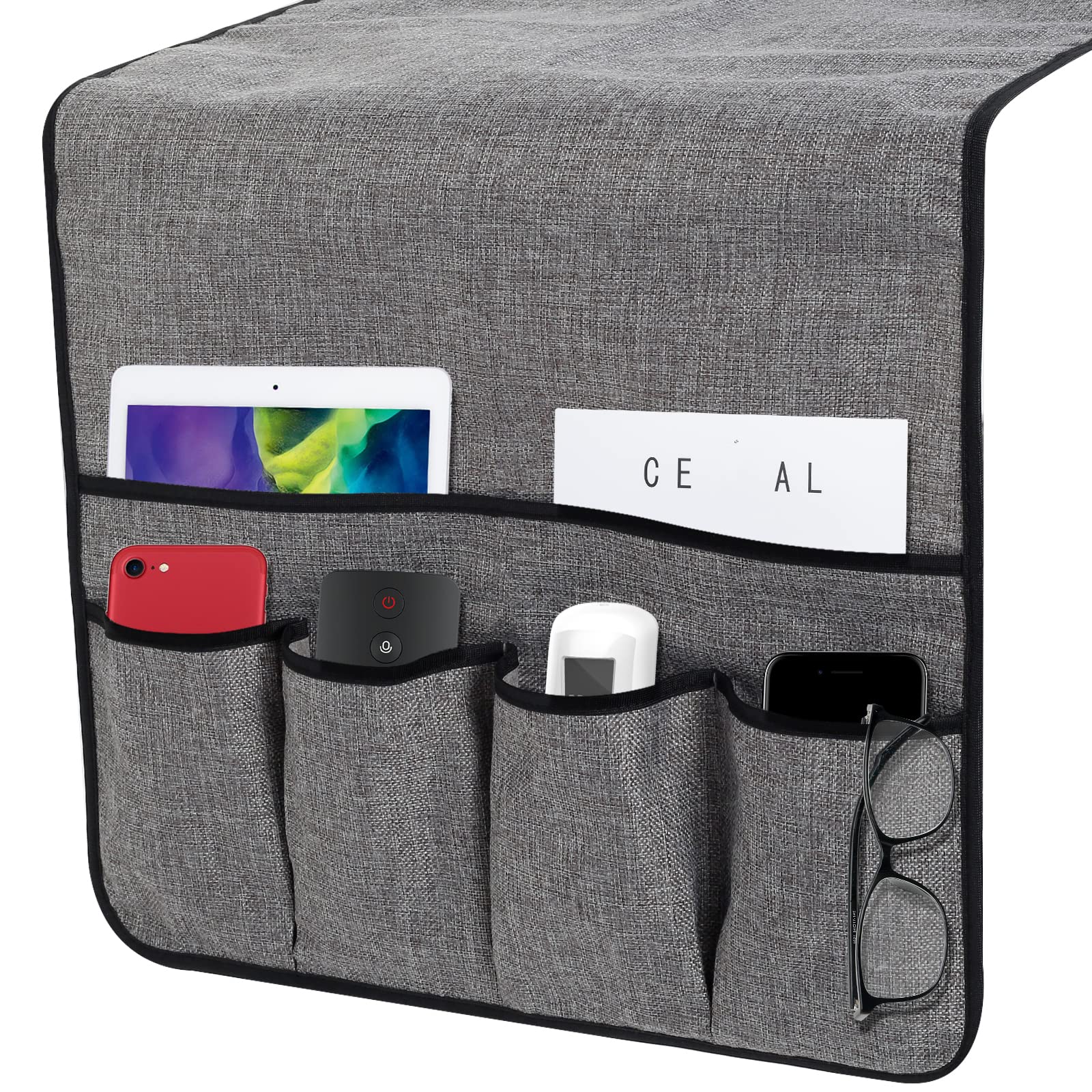 Sofa Armrest Caddy with 6 Pocket Anti-Slip Couch Organizer Cotton Linen Armchair Loveseat Armrest Storage Bag for Tablet, Phone, Book, Glasses, Magazines, Remote Control Holder