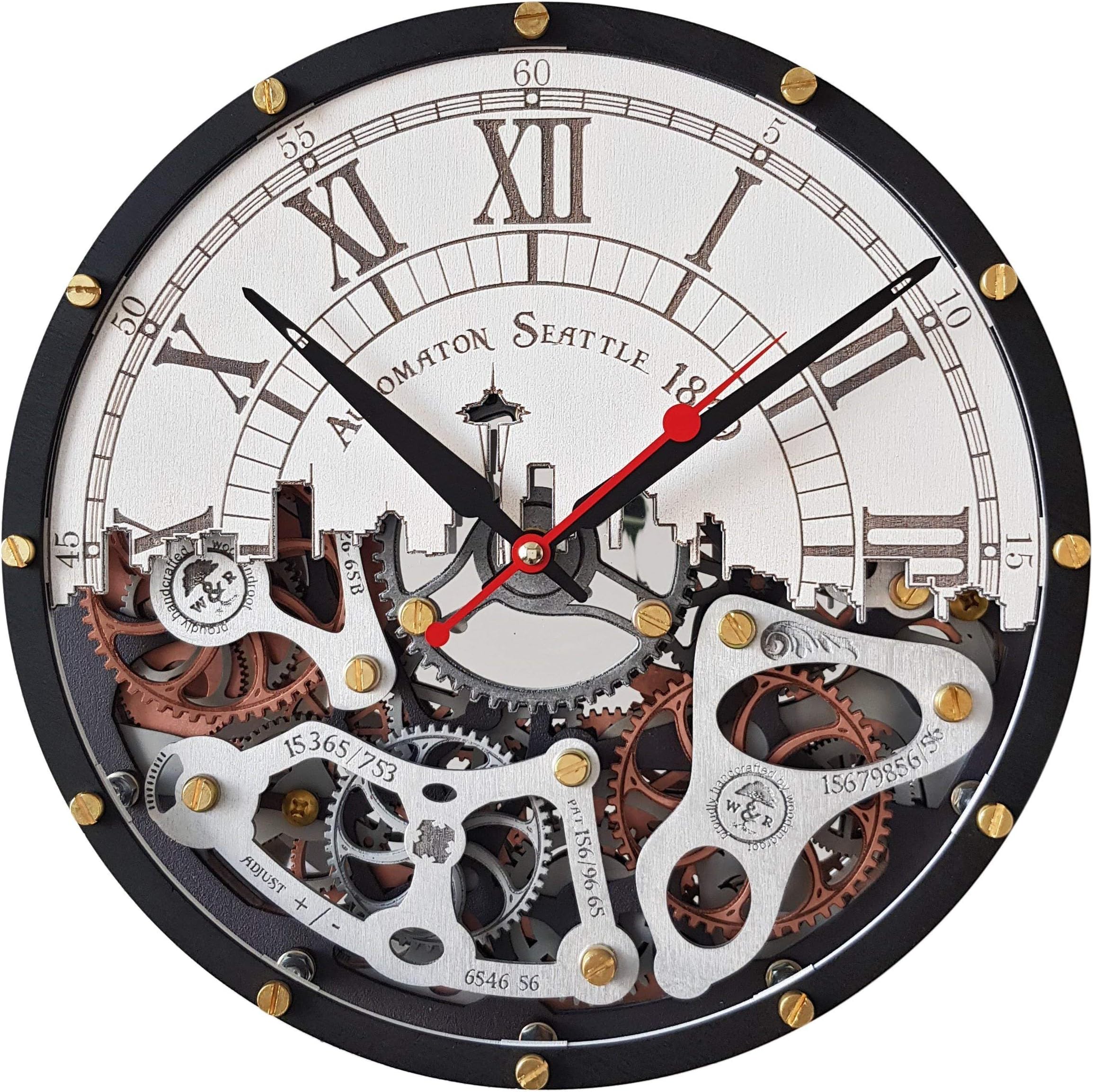 Automaton Seattle city skyline moving Gears wall clock, Handcrafted Steampunk Design, mechanical Home Kitchen Living Room and Office Decor, Personalized Decorative Art, Custom made Gift