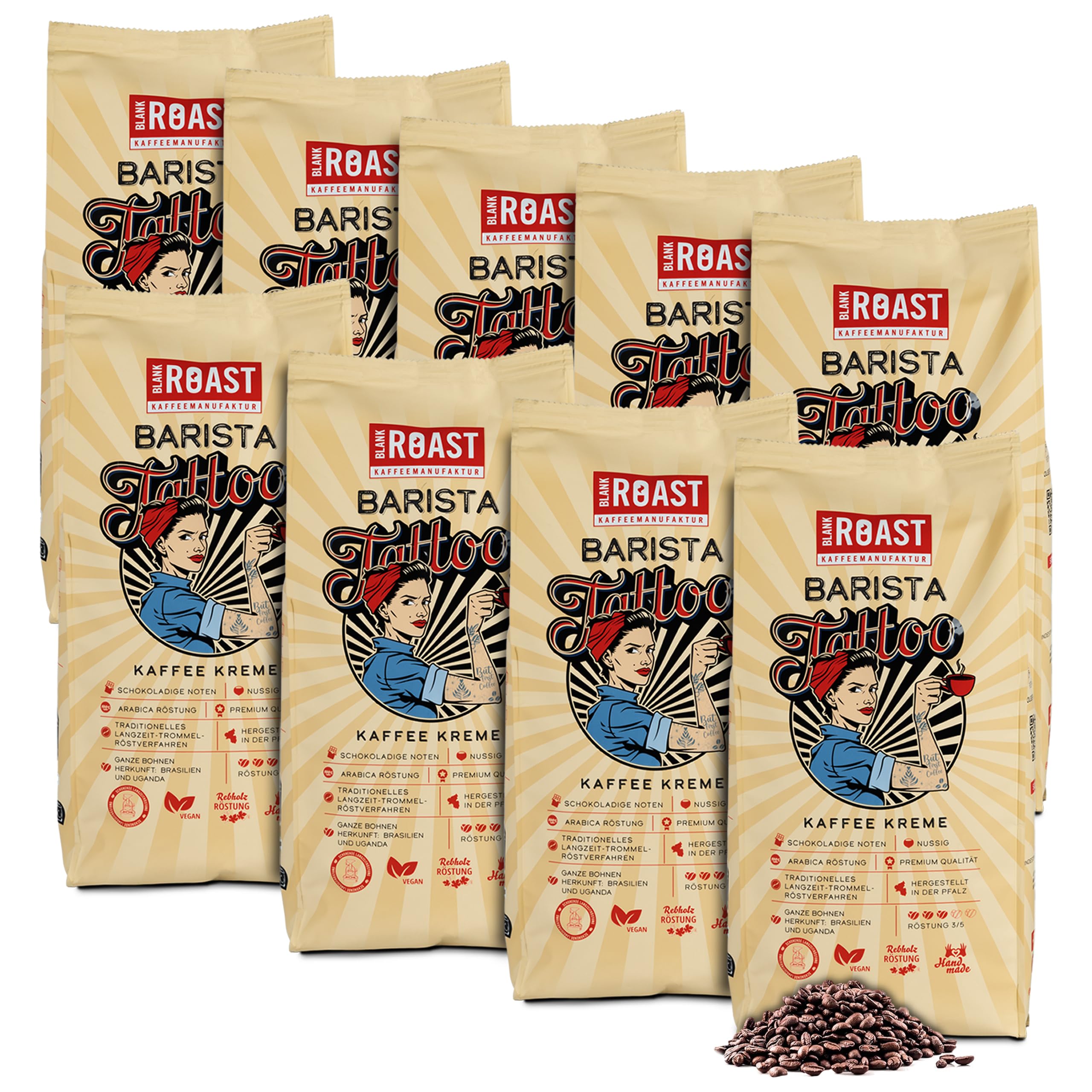 BLANK ROAST - Barista Tattoo Kaffee Kreme - 1kg (9er Pack) - im Trommel-Röstverfahren geröstet - Bohnen aus den besten Anbaugebieten - Premium Arabica - kräftig, schokoladig & nussig - säurearm