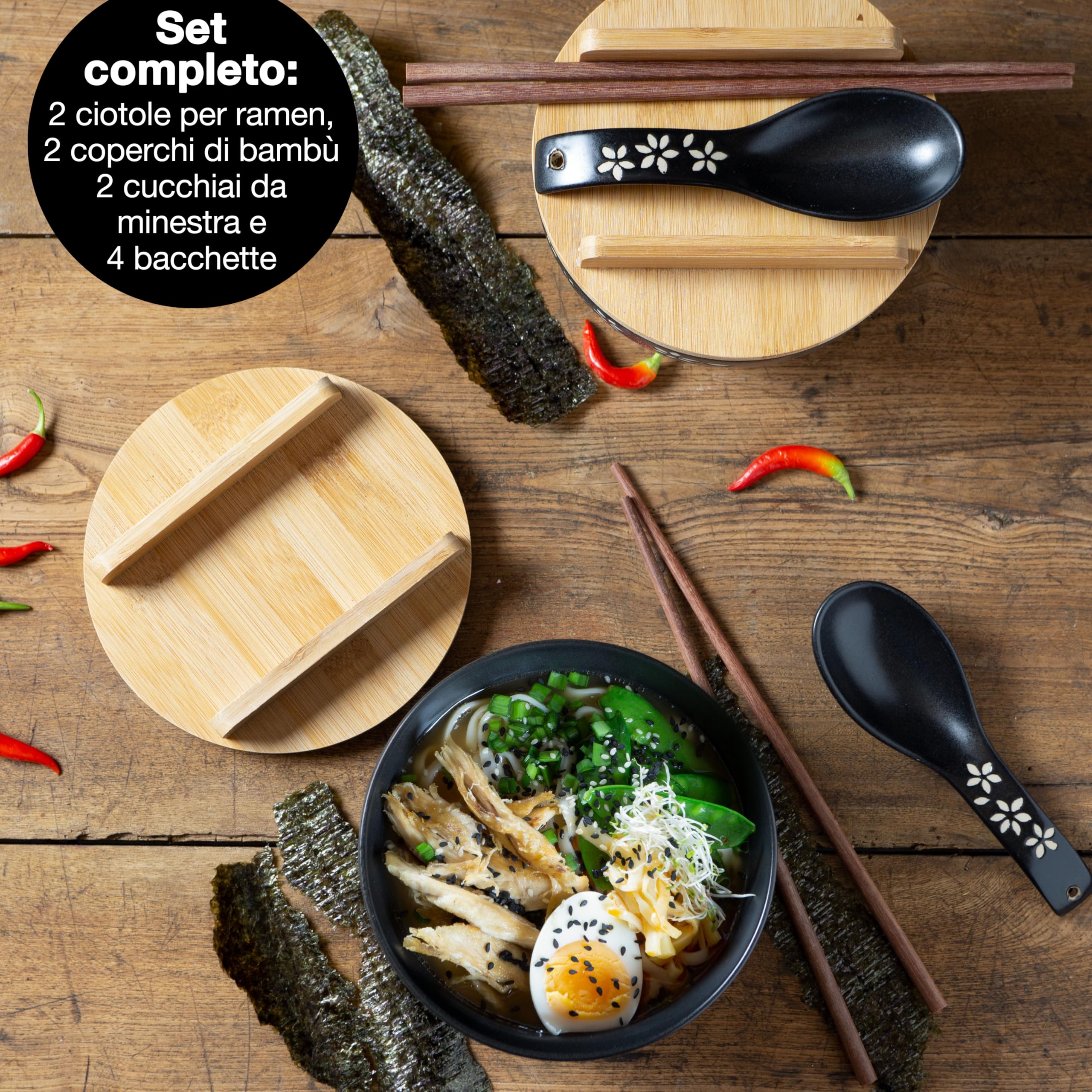 Moritz & Moritz 2 scodelle per ramen in ceramica - 600 ml - Ø 15 cm - Set di ciotole nere per ramen per 2 persone – Scodelle per zuppe, pho e sushi – Bacchette e cucchiai inclusi