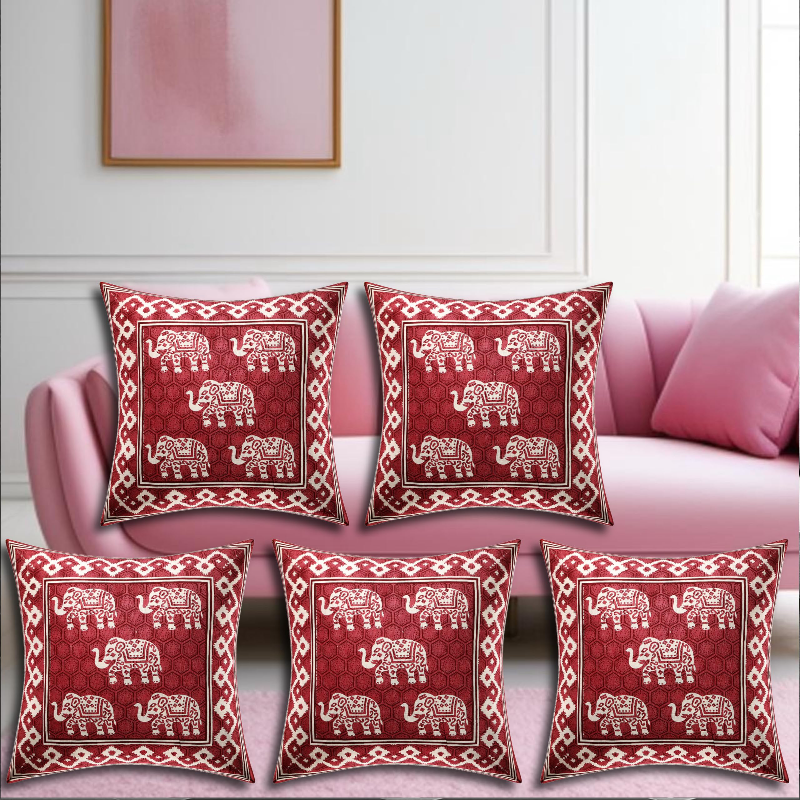 AMLEXTTRIZ Elephant Print 100% Pure Cotton 144 TC Cushion Cover Set Of 5 Decorative Covers For Sofa, Bedroom & Living Room (Size 16X16) (Pink)-image-33