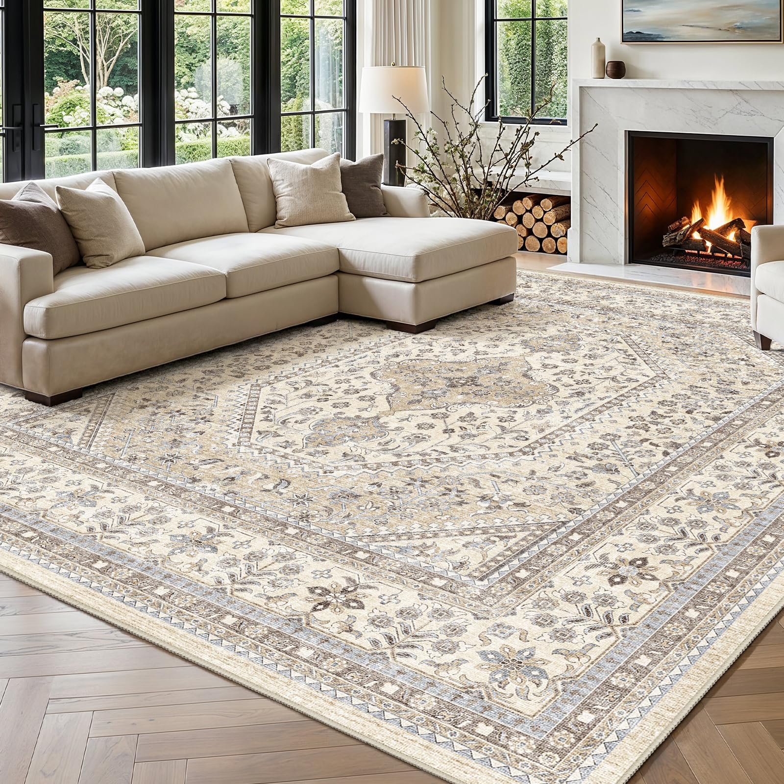 Puino 11x11 Square Washable Area Rug - Non-Slip Living Room Rugs Beige Gray