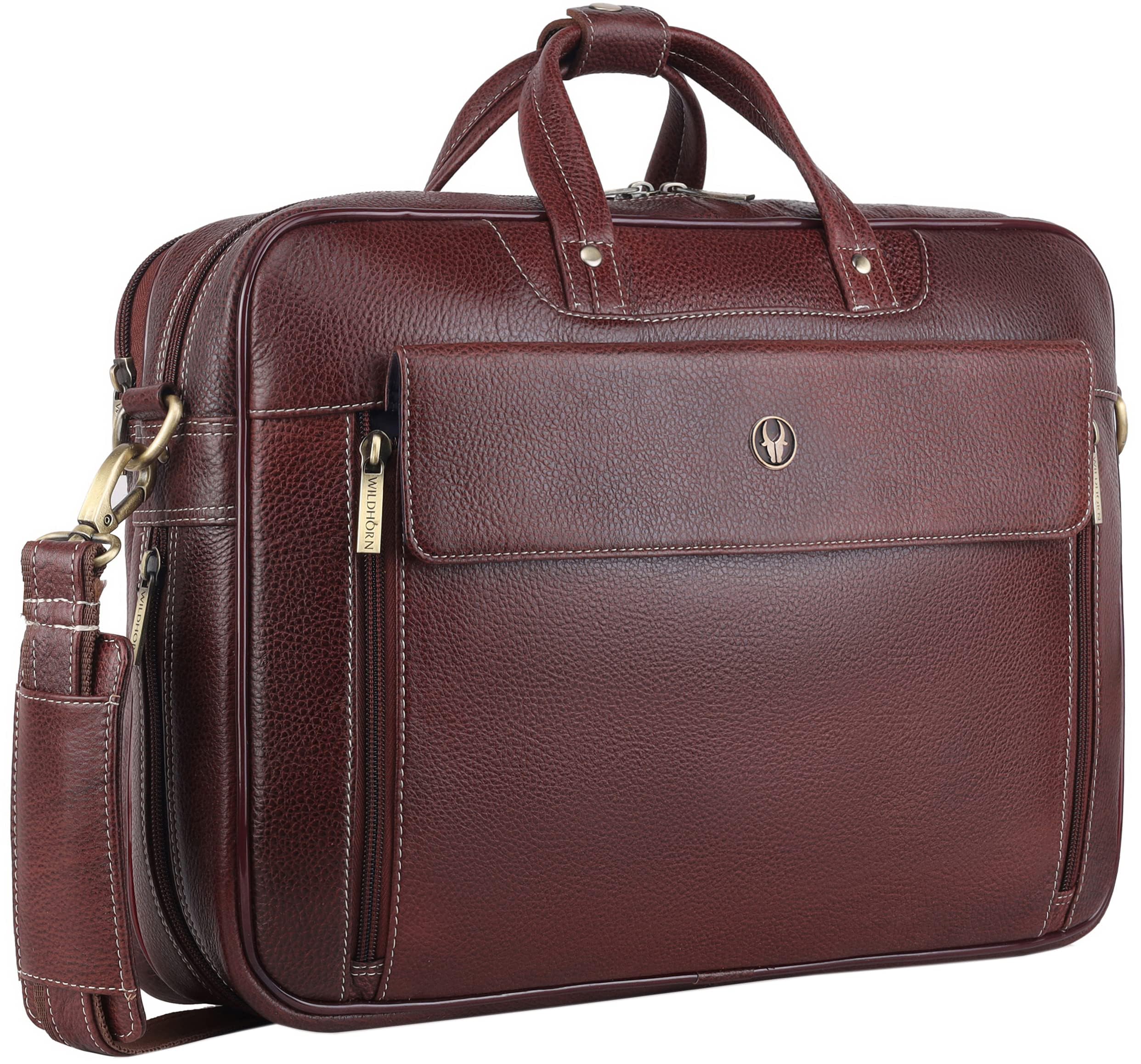WildHorn Genuine Leather Office Bag for Men with Adjustable Straps, Multiple Compartments, and a Sleek Professional Design – Durable and Stylish with a 1-Year Warranty.